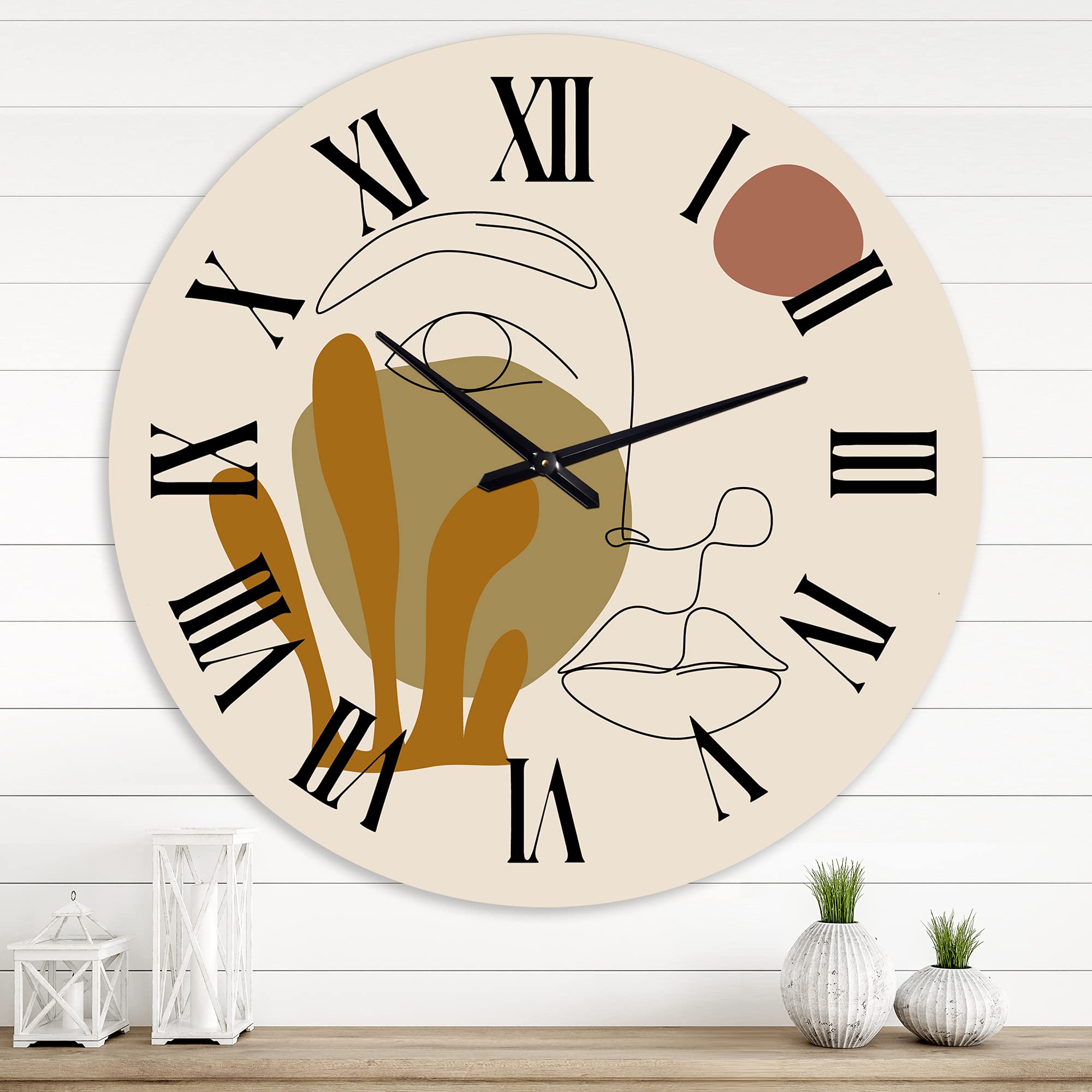 Abstract One Line Art Wall Clock - Modern Terracotta Woman Portrait Large Fractal Design for Kitchen, Living Room & Office Decor | Silent Non-Ticking Home & Office Wall Clock