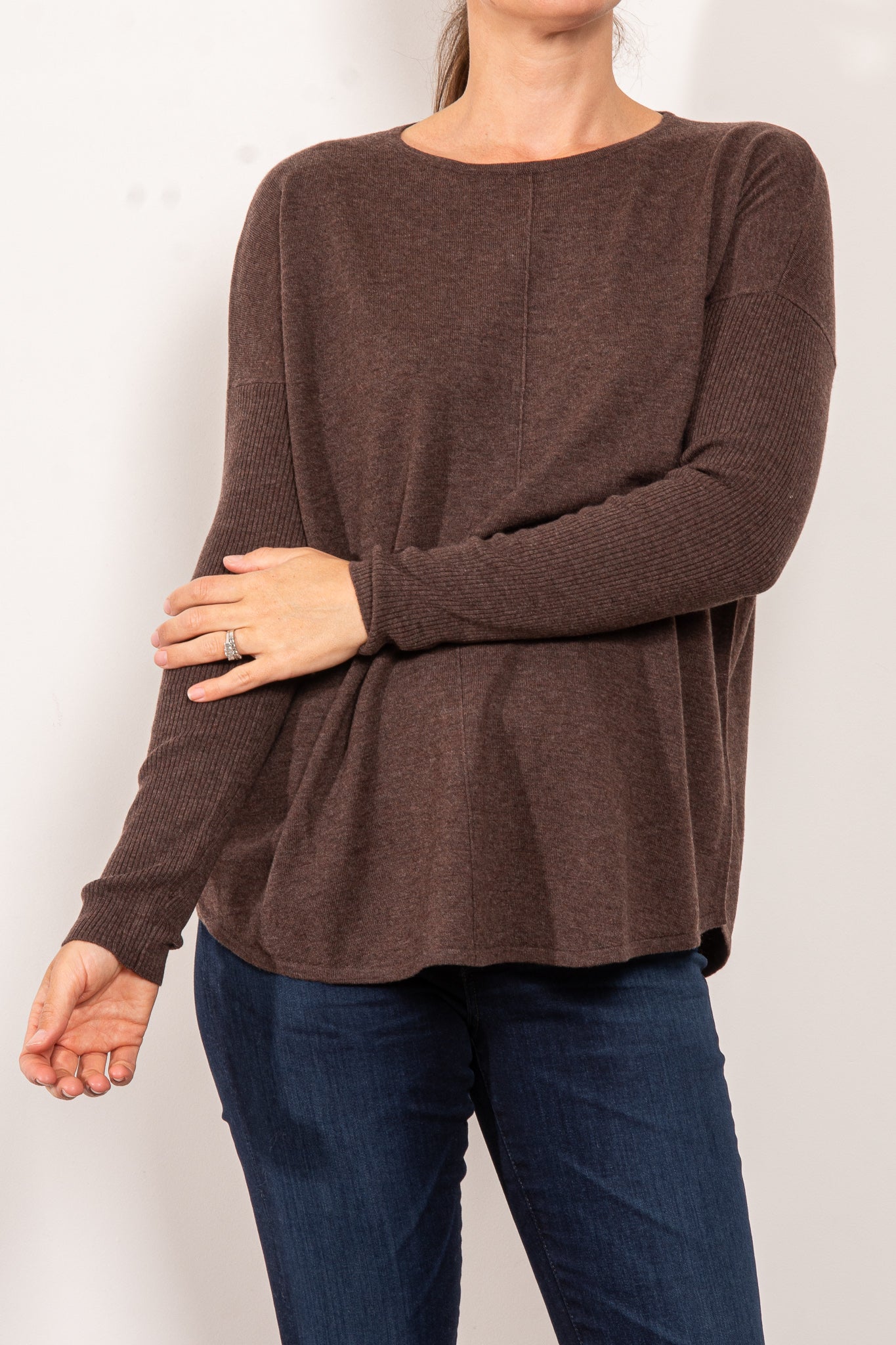 Bridge & Lord Curved Hem Crew Neck Sweater for Women - Soft Knit Pullover for Casual Wear & Office Outfits
