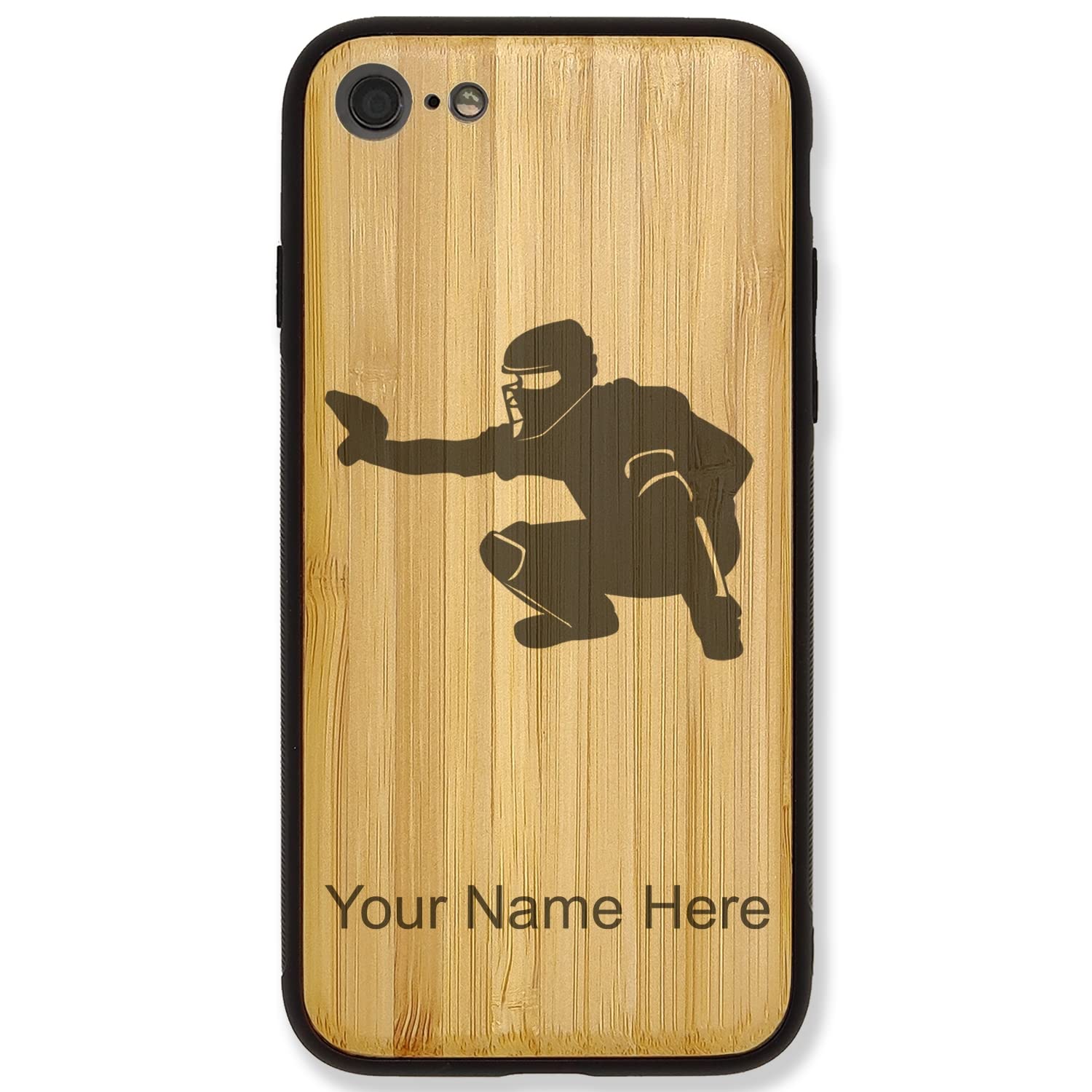 Premium Bamboo Phone Case for iPhone 7 Plus & 8 Plus - Baseball Catcher Design with Free Personalized Engraving | Durable Protective Cover for Sports Fans & Outdoor Activities