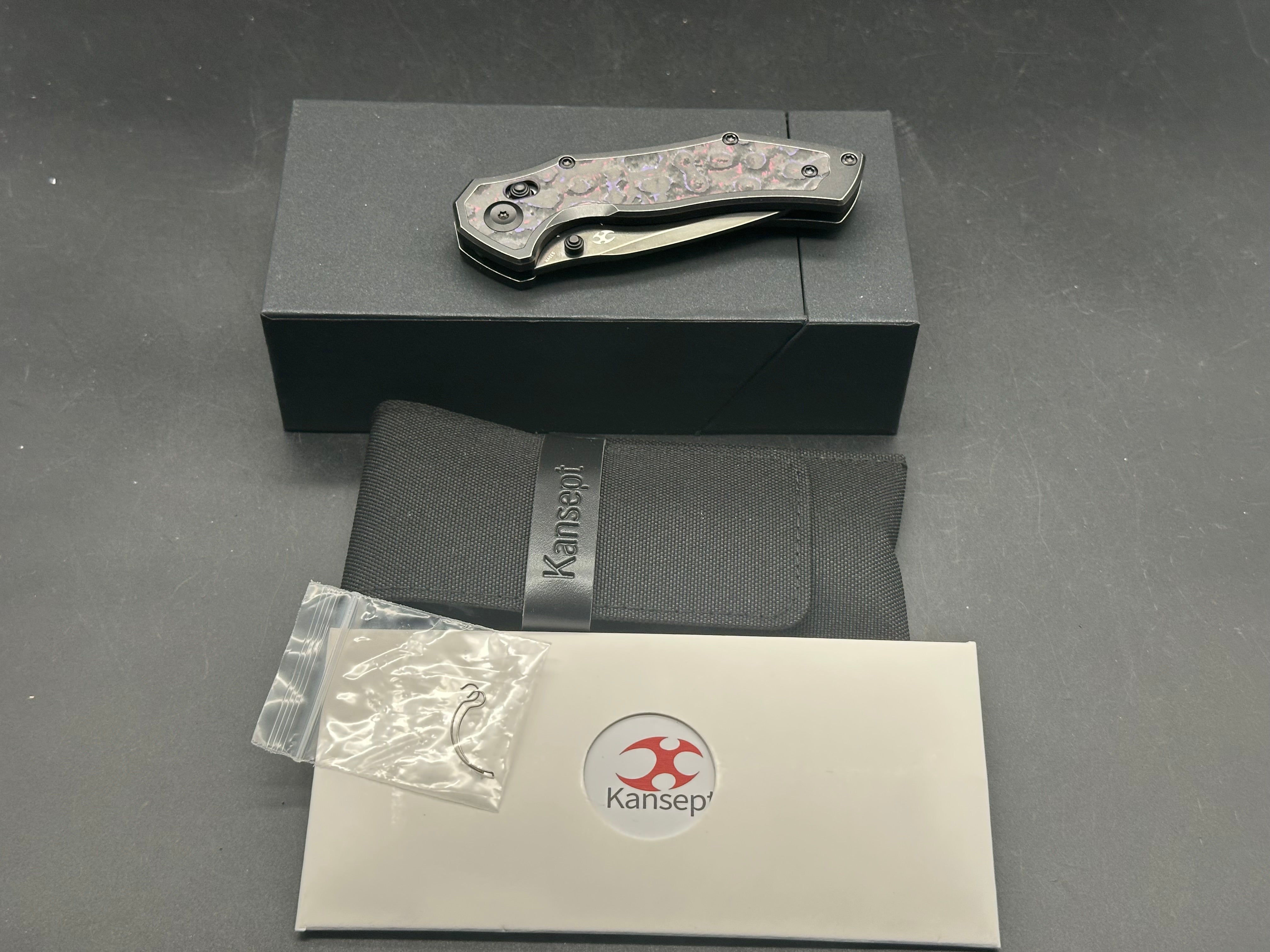 KANSEPT APOLLO Folding Pocket Knife - Blackwash Titanium & Purple Haze Fatcarbon Handle, S35VN Blade with Mirror DLC Coating - EDC, Outdoor, Camping, Survival Gear