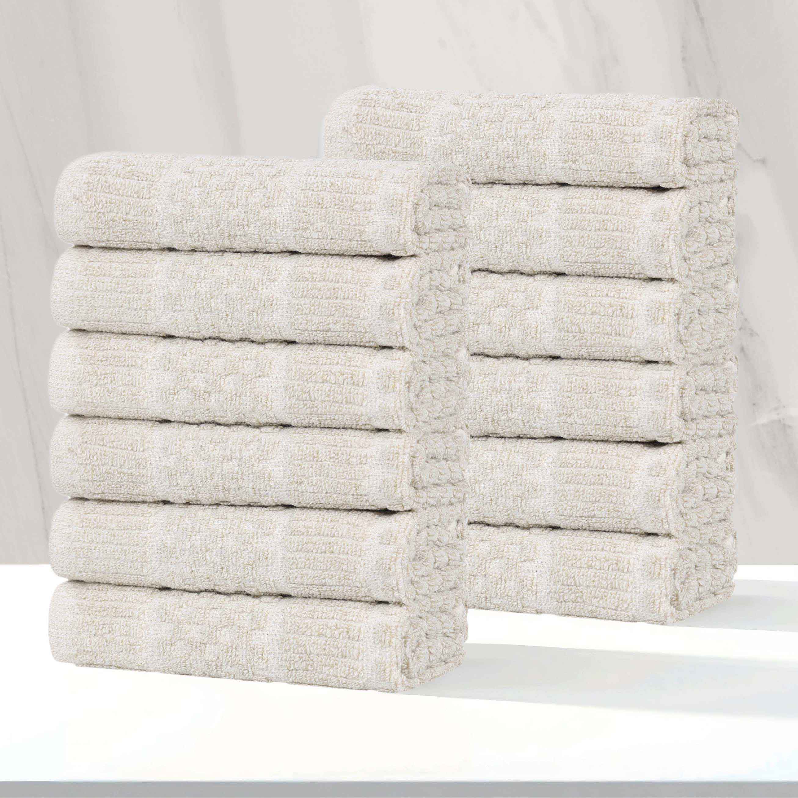 Premium Cotton Blend Checkered & Ribbed Face Towels Set of 12 - Soft Absorbent Bath & Hand Towels for Spa, Gym, and Everyday Use