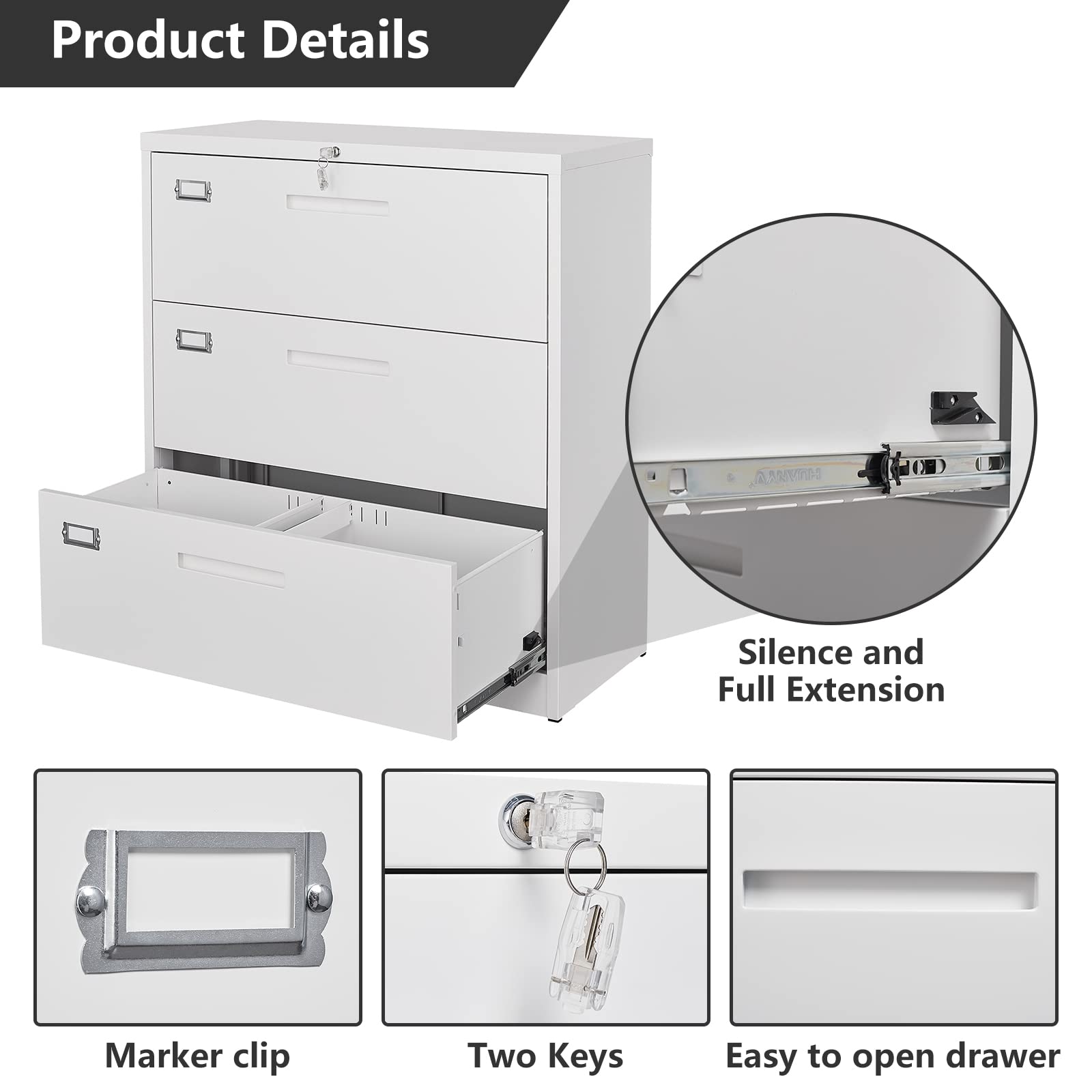 3-Drawer Locking Metal File Cabinet for Office - Legal/Letter/A4 Document Storage with Hanging Folders - White - Perfect for Home Office, Business, School & Organization Filing Needs