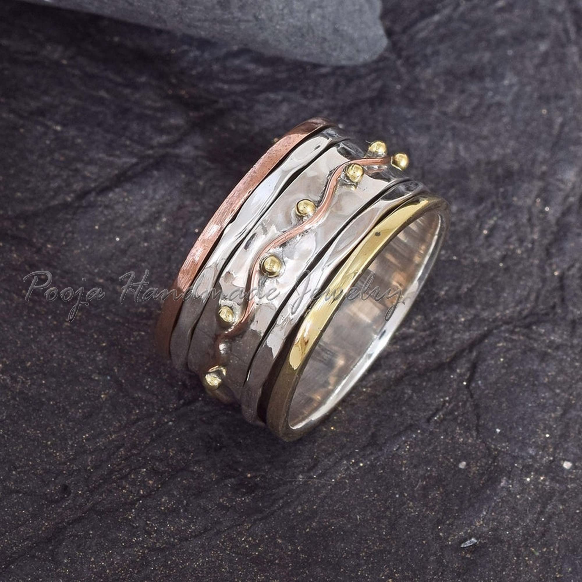 925 Sterling Silver Spinner Ring for Women - Handmade Brass & Copper Fidget Jewelry, Stress Relief Meditation Ring, Valentine's Day Gift for Her - Perfect for Anxiety Relief, Office Focus & Relaxation