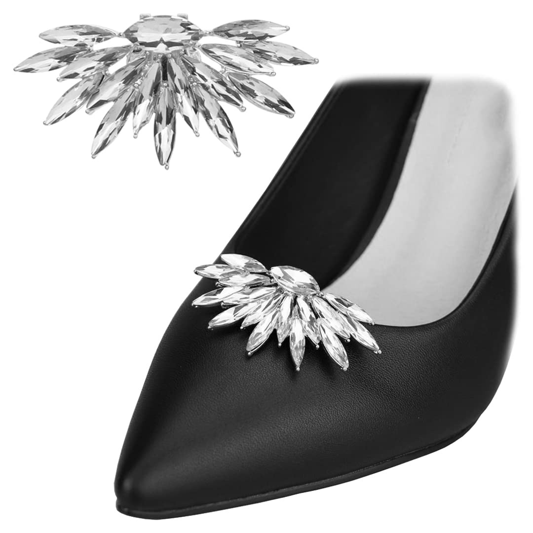 2 Pcs Crystal Feather Shoe Clips - Detachable Metal Shoe Buckles for Women - Elegant Shoe Decorations & Charms for Wedding, Party, Prom - Perfect for Pumps, Flats & Evening Shoes