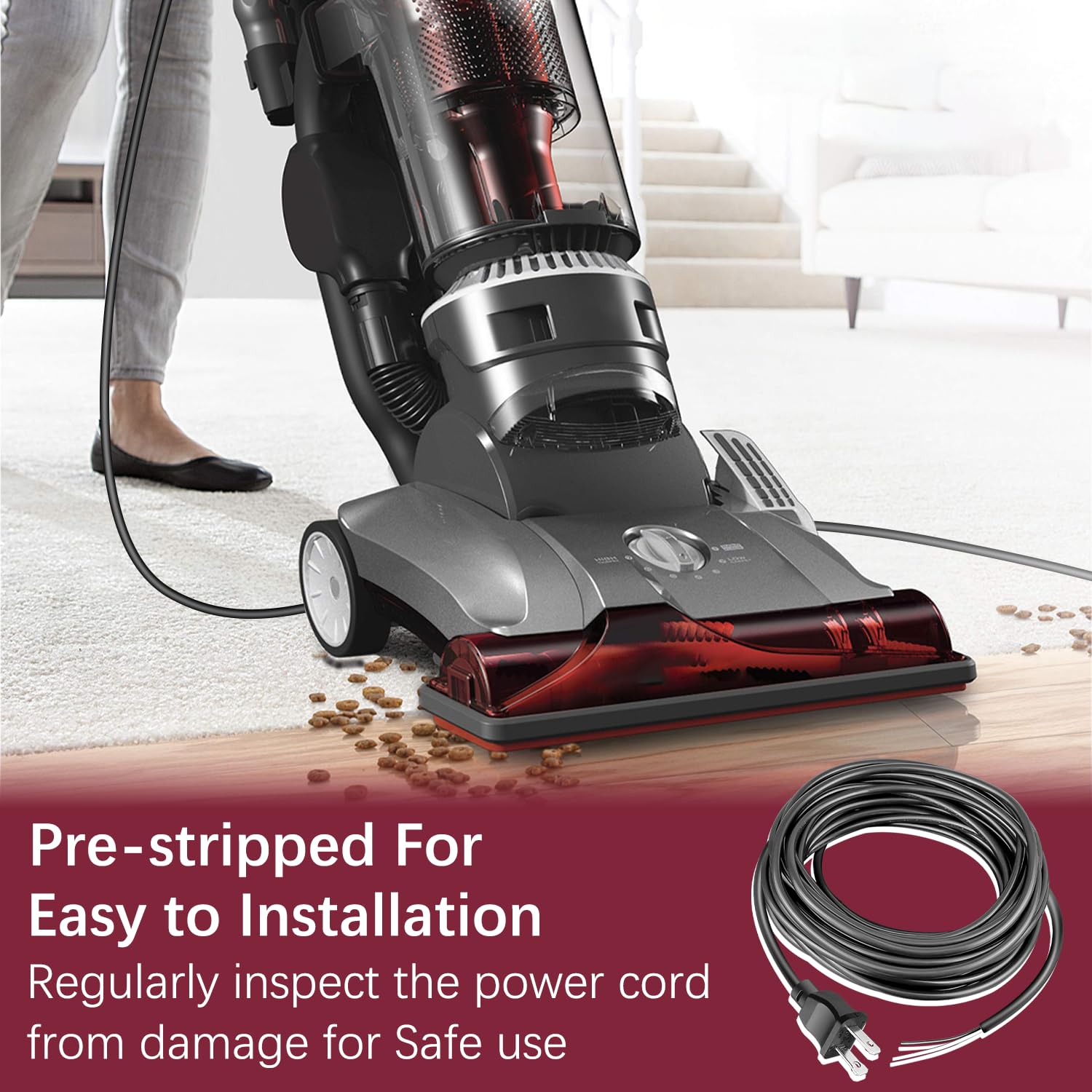 HASMX 30ft Extra Long 18/2 Replacement Vacuum Cleaner Power Cord - Compatible with Shark, Eureka, Sanitaire & Bissell Upright Vacuums - Black 2-Prong Cord for Home Cleaning & Maintenance - Perfect for Replacing Old or Damaged Cords