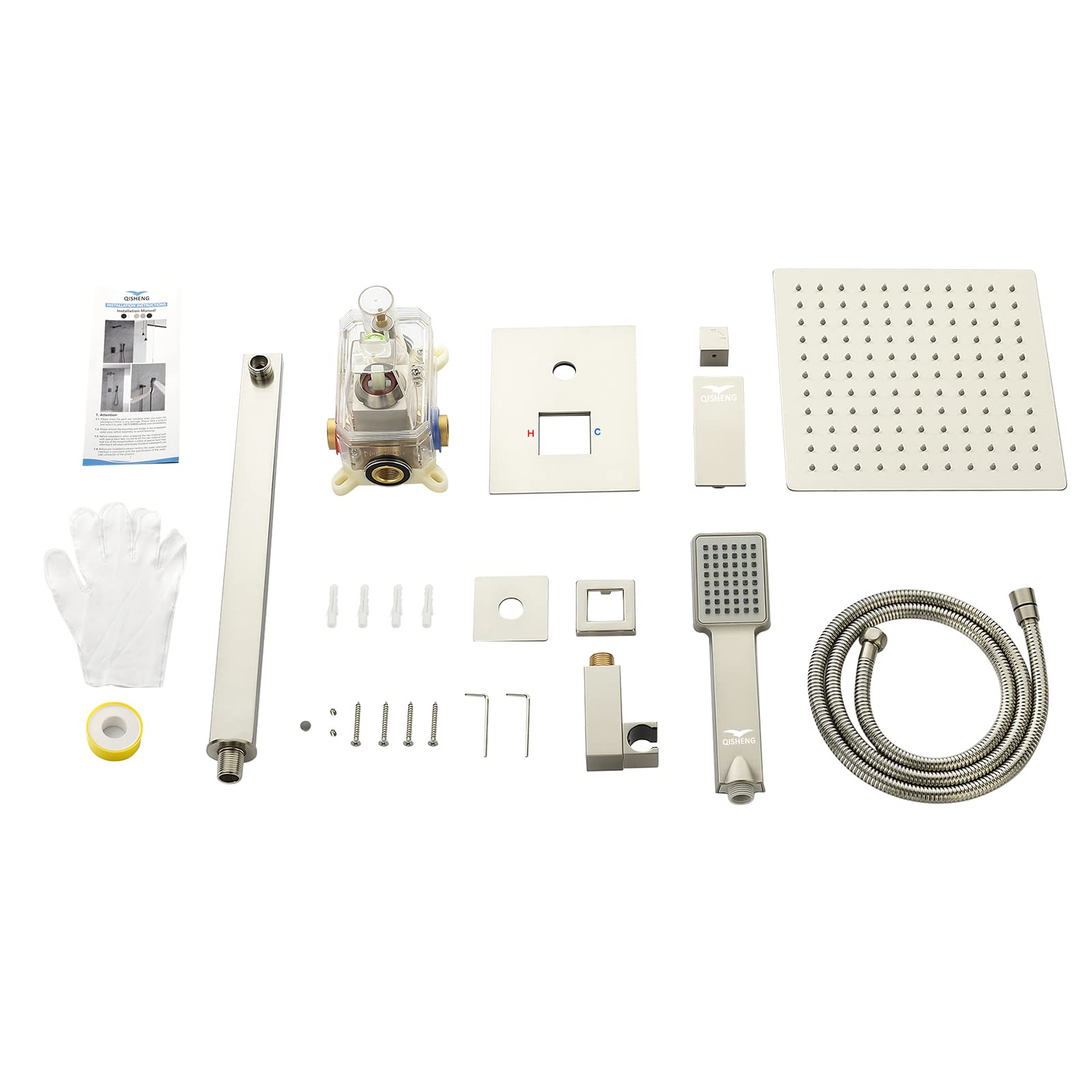 QISHENG 10 Inch Wall Mounted Rainfall Shower System - Brushed Nickel Pressure Balanced Shower Faucet Set with Handheld Sprayer - Perfect for Modern Bathroom Renovation & Spa-Like Shower Experience