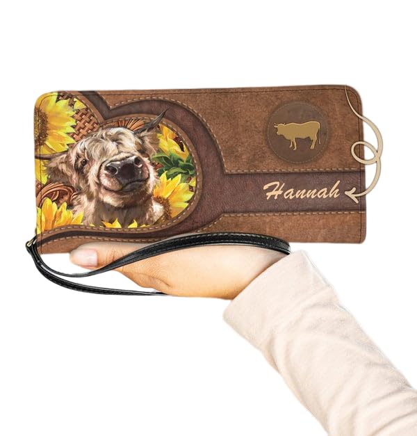 Custom Personalized Cow Print Women's Leather Wallet - RFID Blocking Zip Clutch with Wristlet for Ladies - Highland Cattle & Sunflower Design - Perfect Gift for Cow Lovers (One Size) - Ideal for Farm Visits, Country Outings & Western-Themed Events