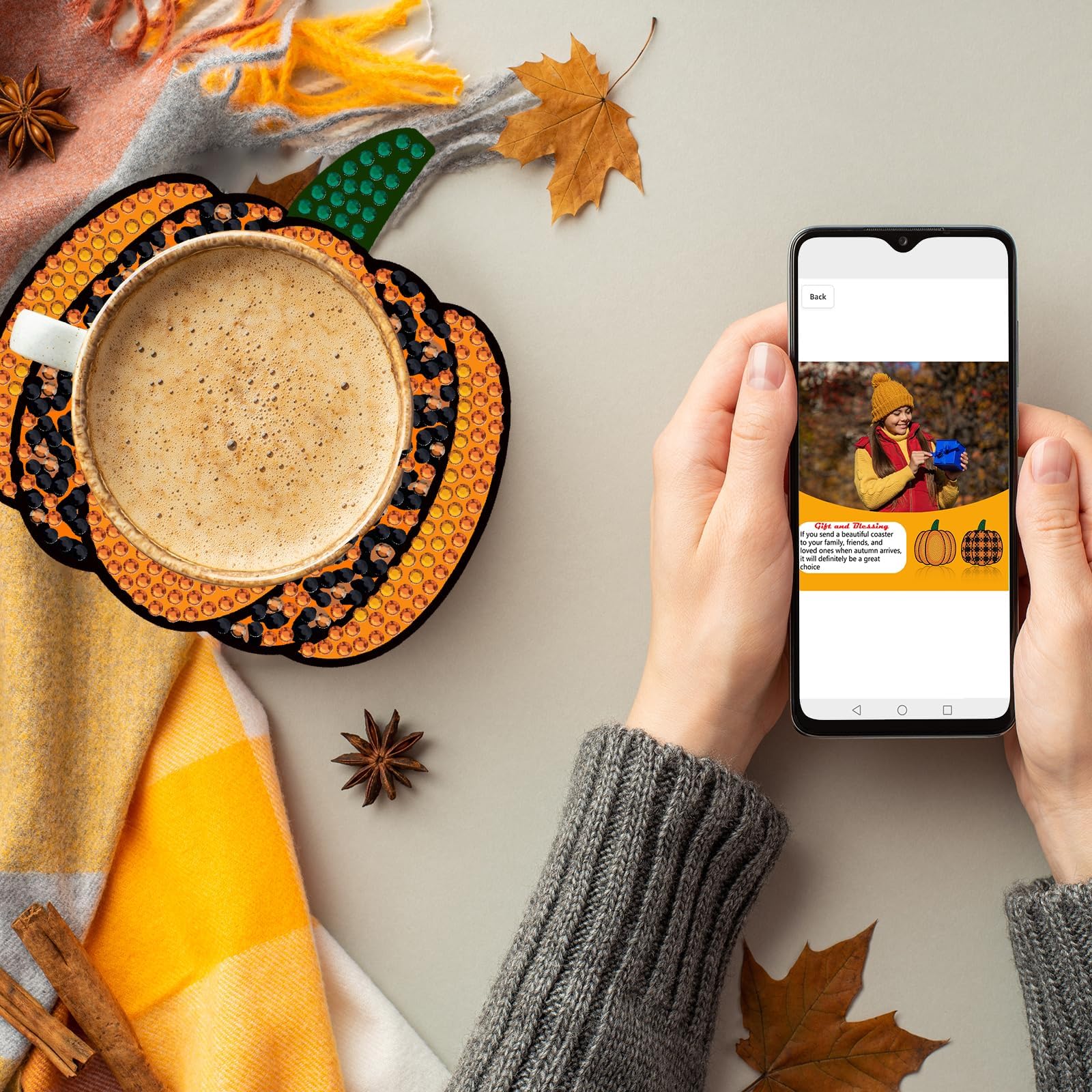 8-Piece Fall Plaid Pumpkin Diamond Coasters Set with Holder - DIY Cute Autumn Diamond Art Coasters - 5D Round Cup Coasters for Thanksgiving, Halloween, Home Decor & Holiday Gifts - Perfect for Coffee Tables, Dining Rooms & Seasonal Parties
