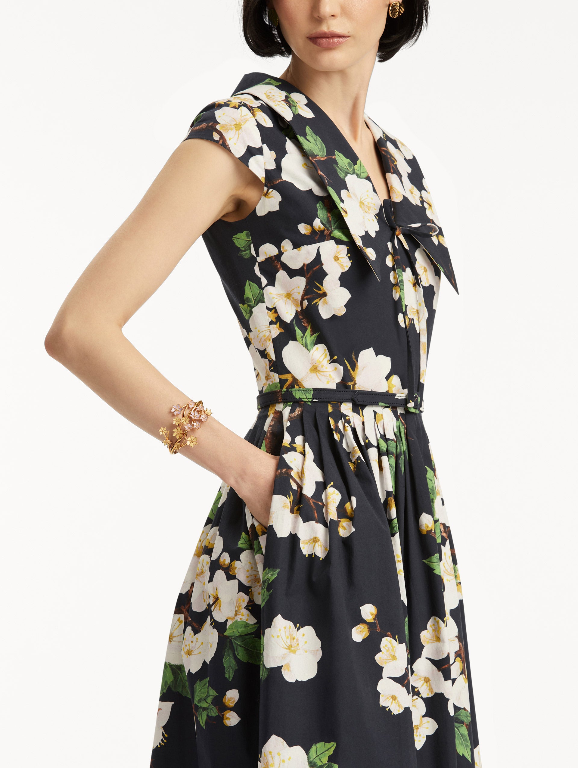 Cherry Blossom Print Cotton Poplin Pleated Dress for Women - Floral Summer Dress for Casual Wear, Picnic, and Spring Outfits