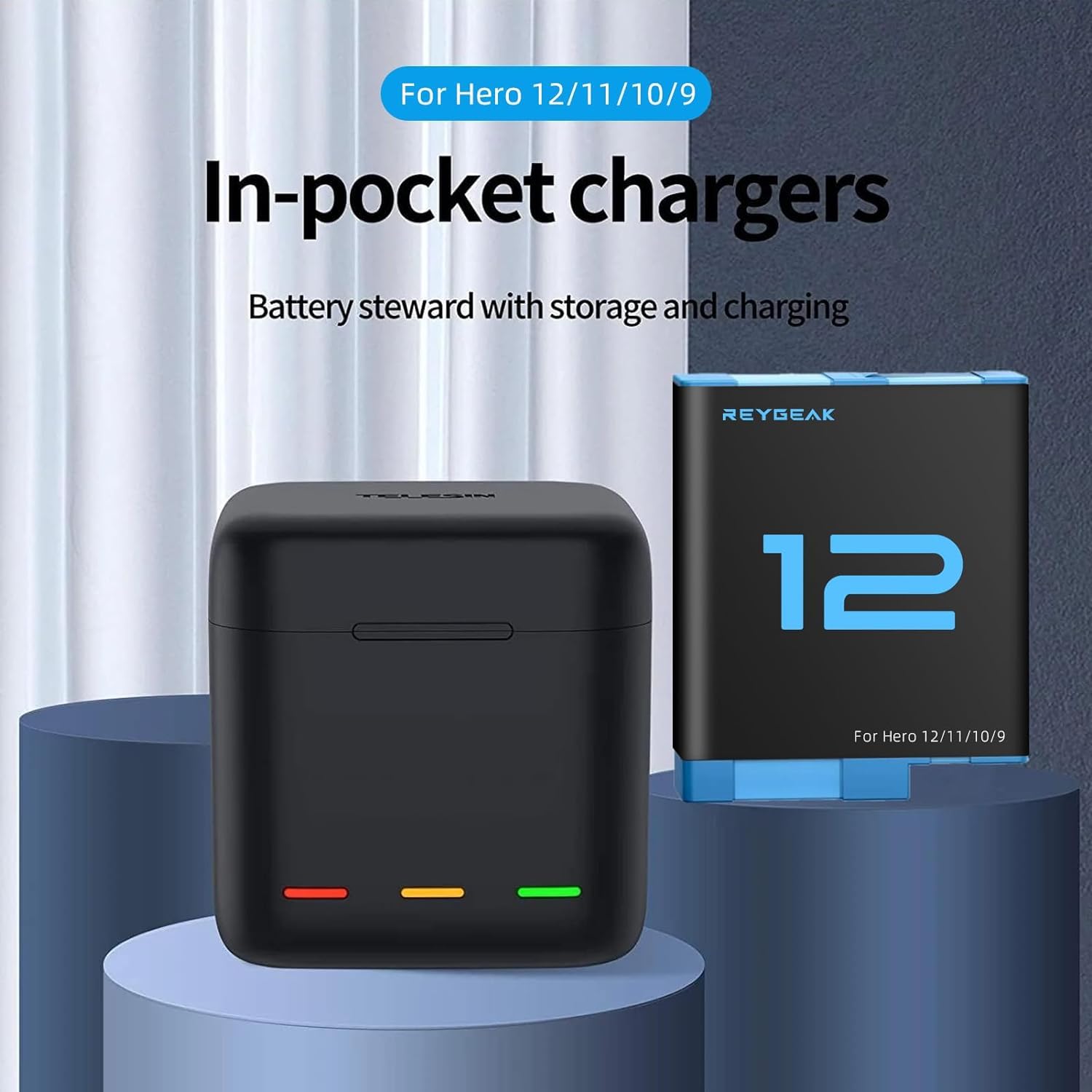 REYGEAK 3-Channel Portable Battery Charger with 3 Rechargeable Batteries for GoPro Hero 12/11/10/9 Black - Fast Charging Storage Case for Travel, Vlogging & Outdoor Adventures