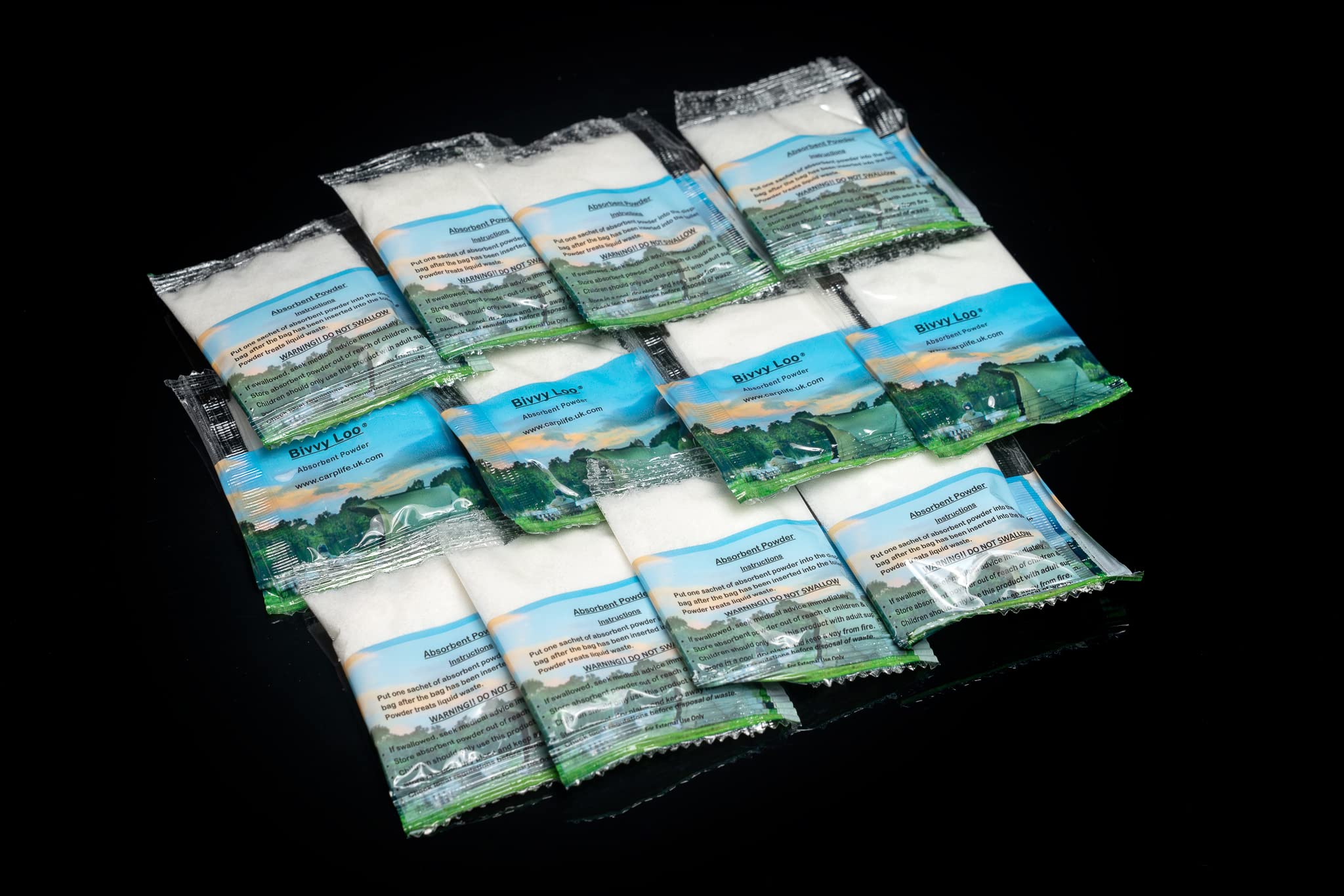 Bivvy Loo - Portable Camping Toilet Liner Bags Kit with 12 Biodegradable Bags, 40 Wipes & 12 Waste Powder Sachets - Emergency & Outdoor Travel Toilet Solution for RV, Hiking, Boating