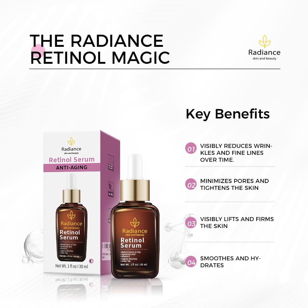 RADIANCE Retinol Serum for Face - Vitamin E, Organic Jojoba Oil & Hyaluronic Acid - Anti-Aging, Wrinkle Reduction & Dark Spot Treatment - Smooths Fine Lines & Brightens Skin - 1 Oz Facial Serum for Night Routine & Daily Skincare