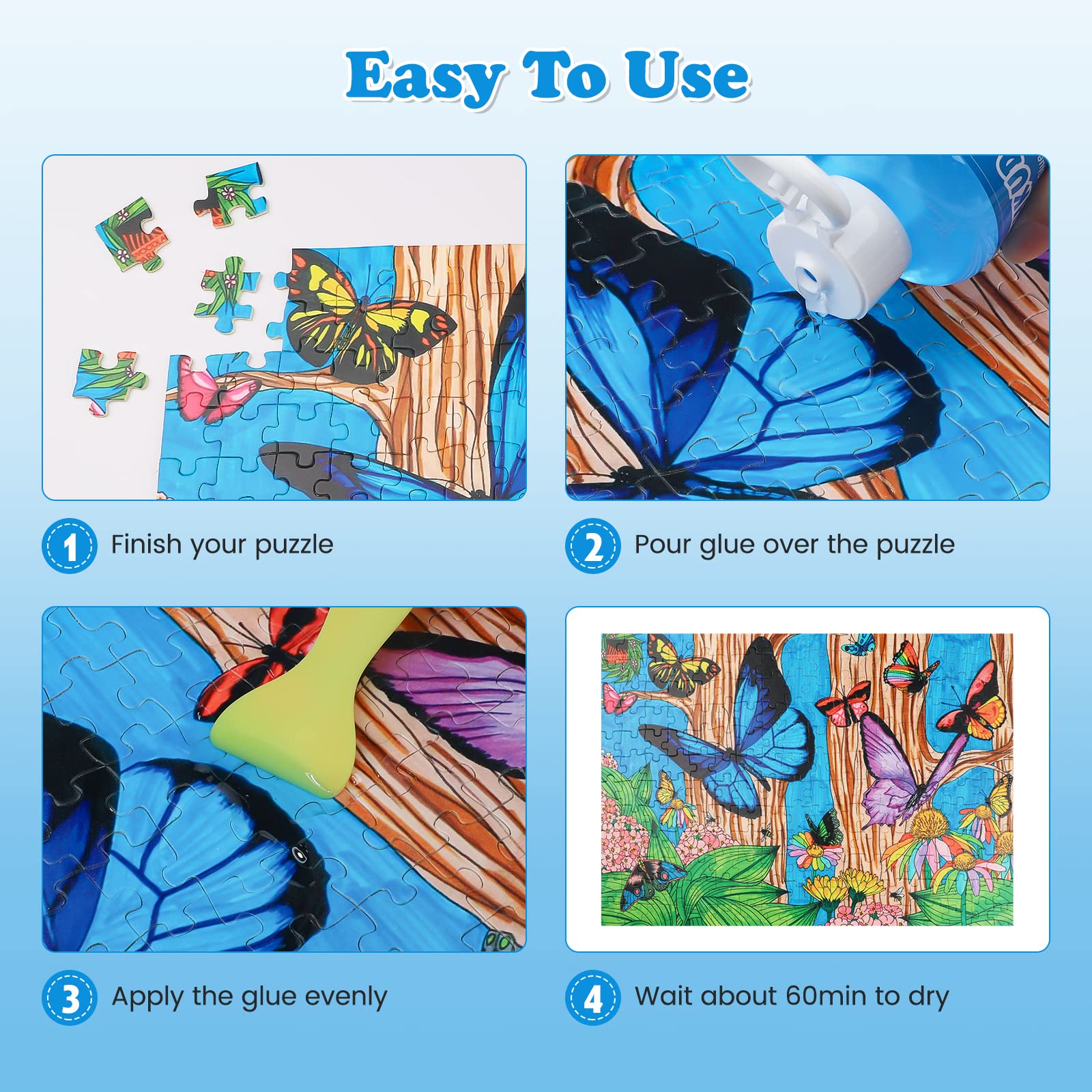 Premium 300ML Clear Puzzle Glue with Applicator Brushes | Non-Toxic Adhesive for Wood & Paper Puzzles | Perfect for 1000+ Piece Puzzles | Great for Framing & Preserving Puzzle Art (Blue)