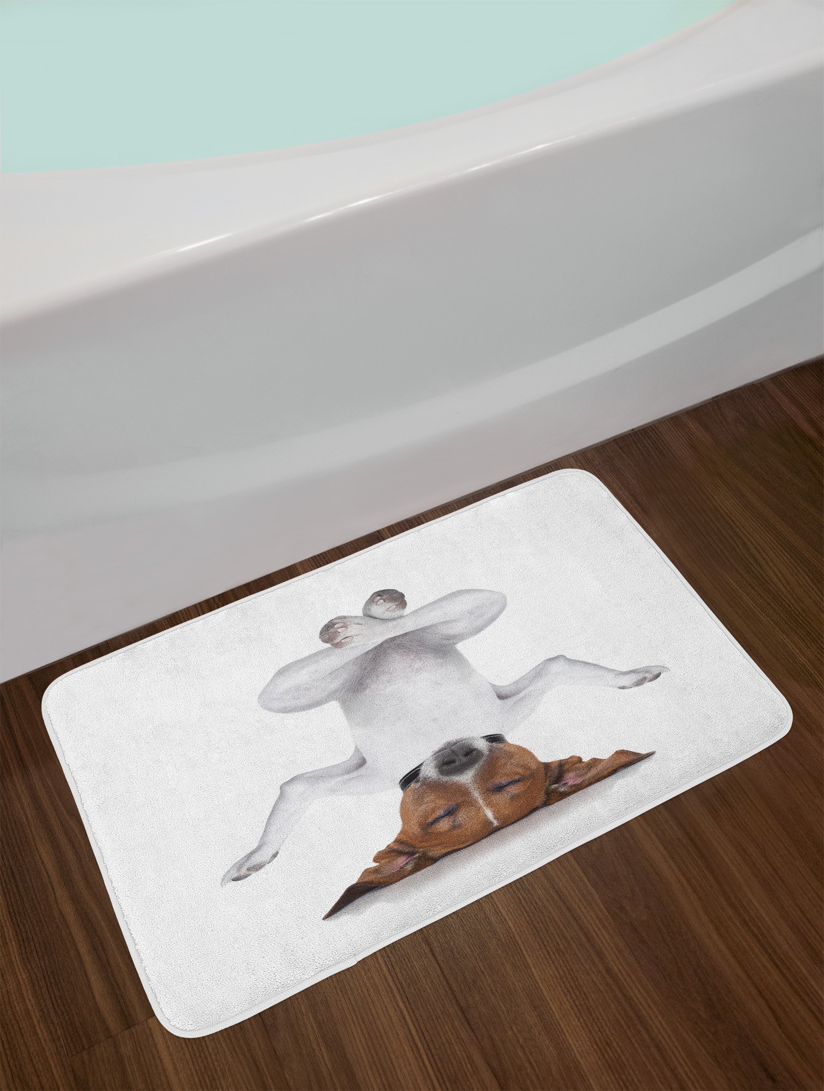 Ambesonne Non-Slip Yoga Bath Mat with Funny Dog Print - Upside Down Relaxing Meditating Animal Design, Plush Bathroom Decor Mat, 30.2