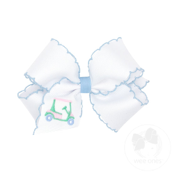 Elegant Grosgrain Hair Bow with Moonstitch Edge & Golf Cart Embroidery - Perfect for Golf Tournaments, Country Club Events & Southern Belle Fashion
