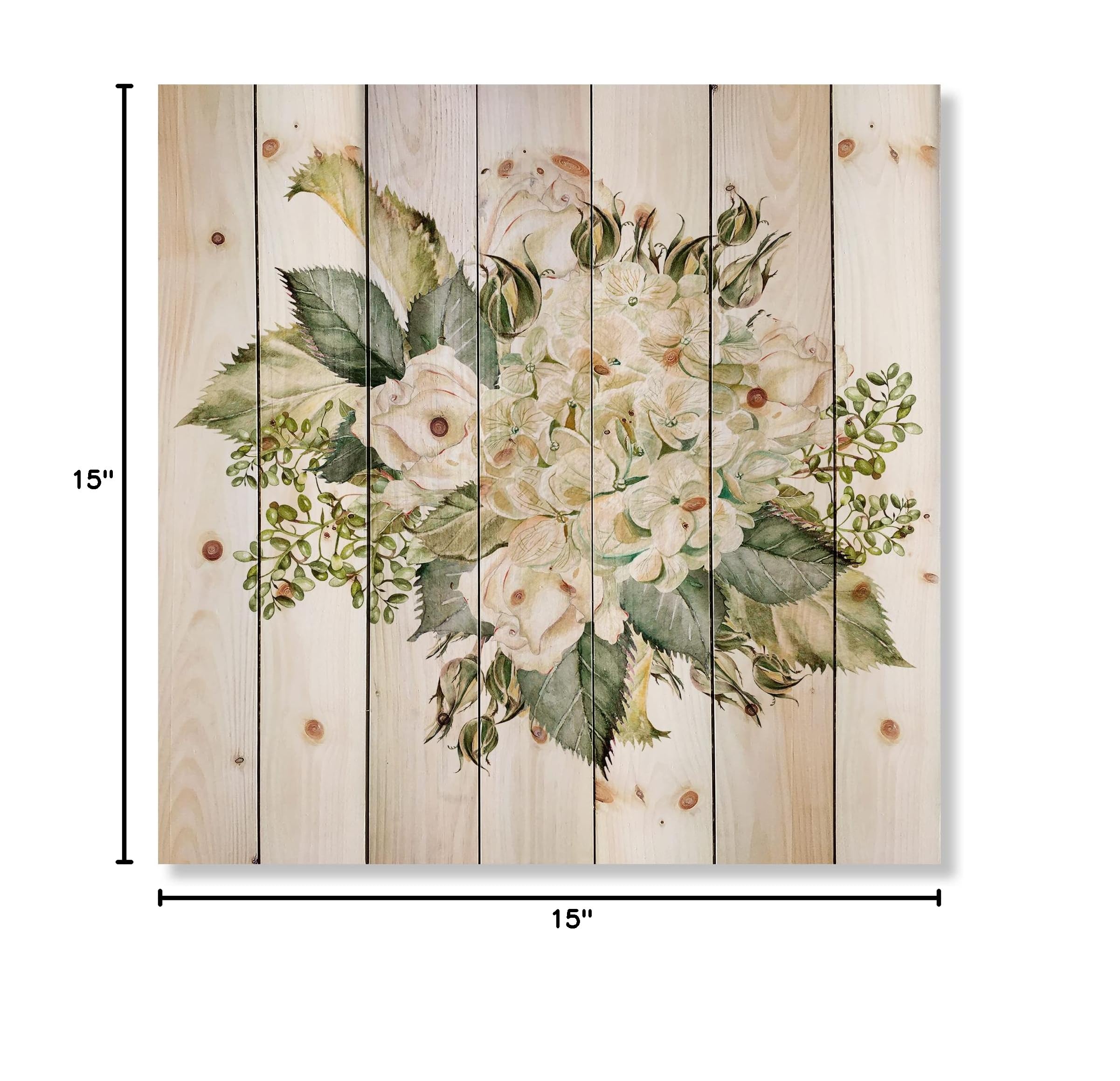 Farmhouse Wood Wall Decor - Large Floral Wood Panel with Hydrangea and Roses, Natural Pine Wood Art, Green Botanical Wall Hanging for Living Room, Bedroom & Home Office Decor