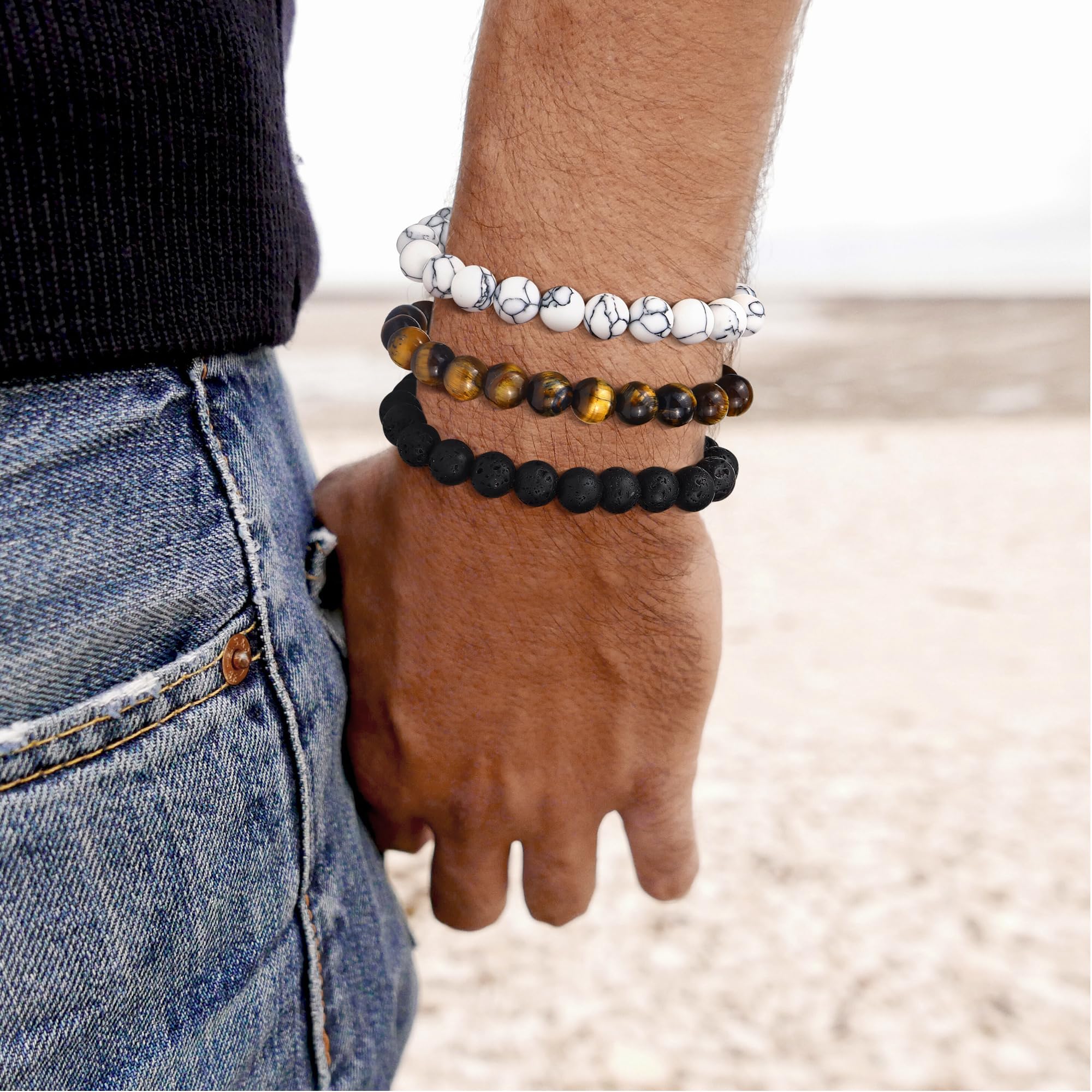 Albefer 3Pcs Natural Tiger Eye Stone Beaded Bracelet for Men & Women - Adjustable Healing Crystal Jewelry for Protection, Wealth & Positive Energy - Perfect Birthday Gift, Meditation & Spiritual Wellness Accessory