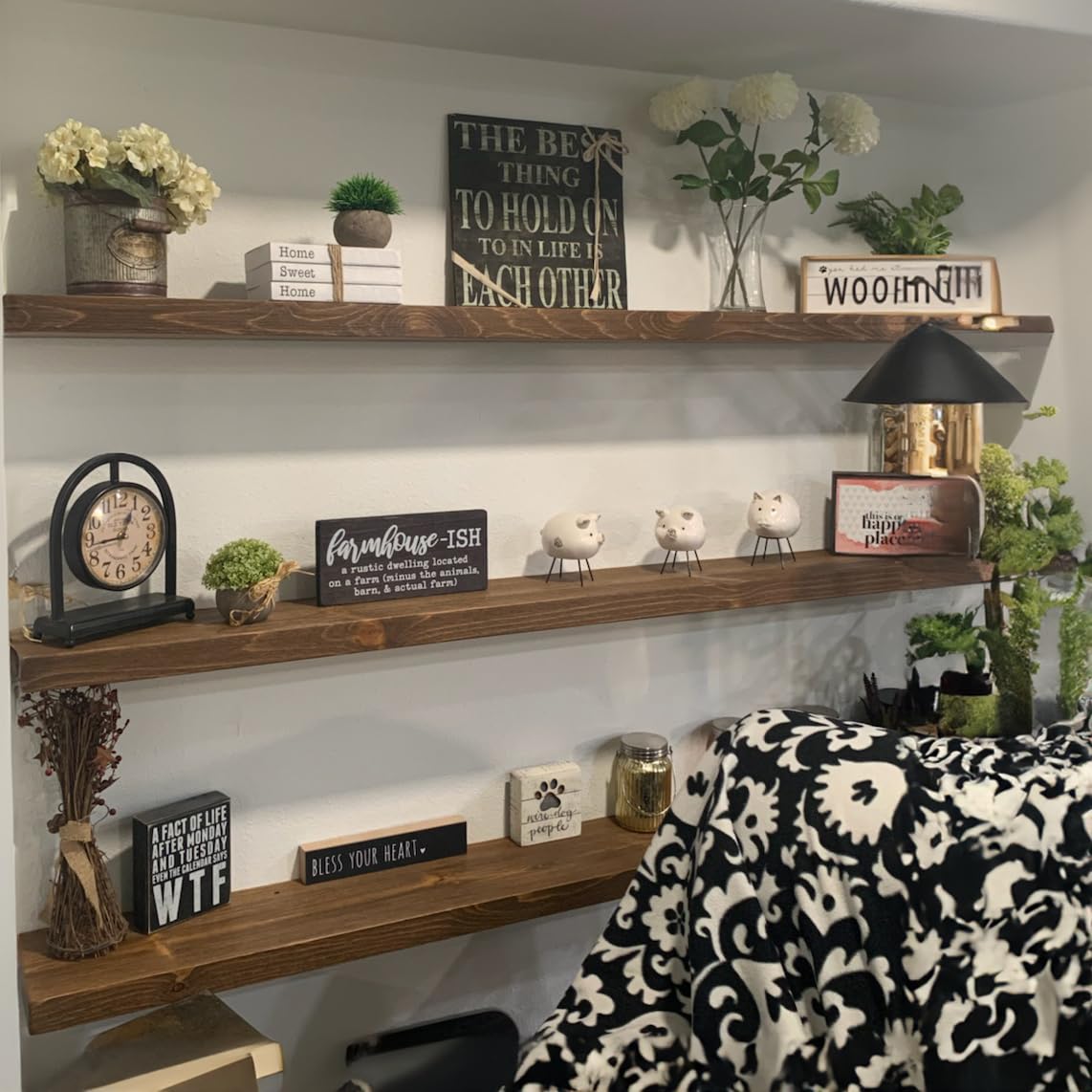 Joel's Antiques - 72 Inch Natural Wood Floating Shelves for Wall - Heavy Duty Rustic Fireplace Mantel & Bookshelf - 72x12x2 Inches Medium Brown - Perfect for Living Room, Bedroom, Office & Home Decor