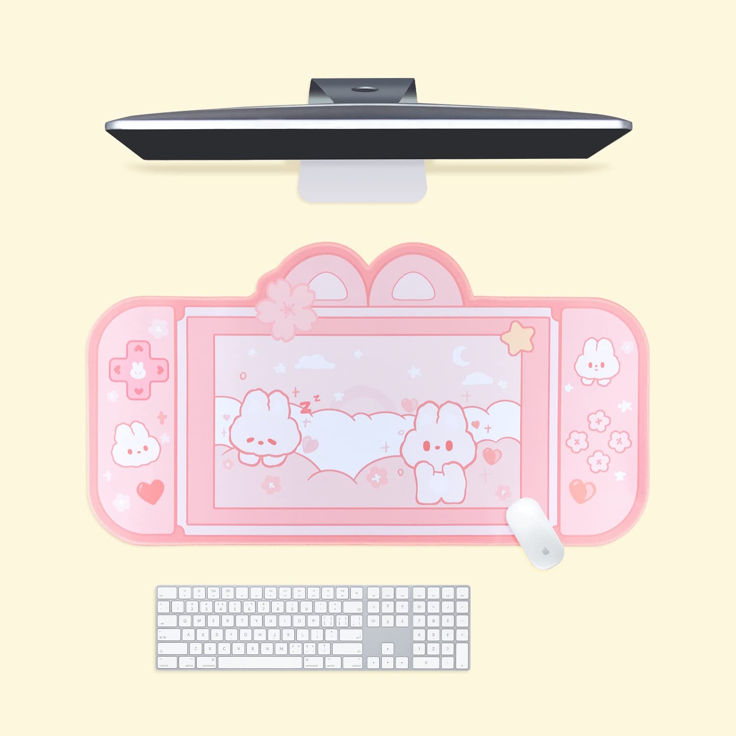 BelugaDesign Bunny Desk Pad - Large Pastel Pink Gaming Mouse Mat for Nintendo Switch, Keyboard & PC - Cute Kawaii Rabbit Anime Desk Protector - Perfect for Easter Gifts, Gaming Setups & Office Workspaces