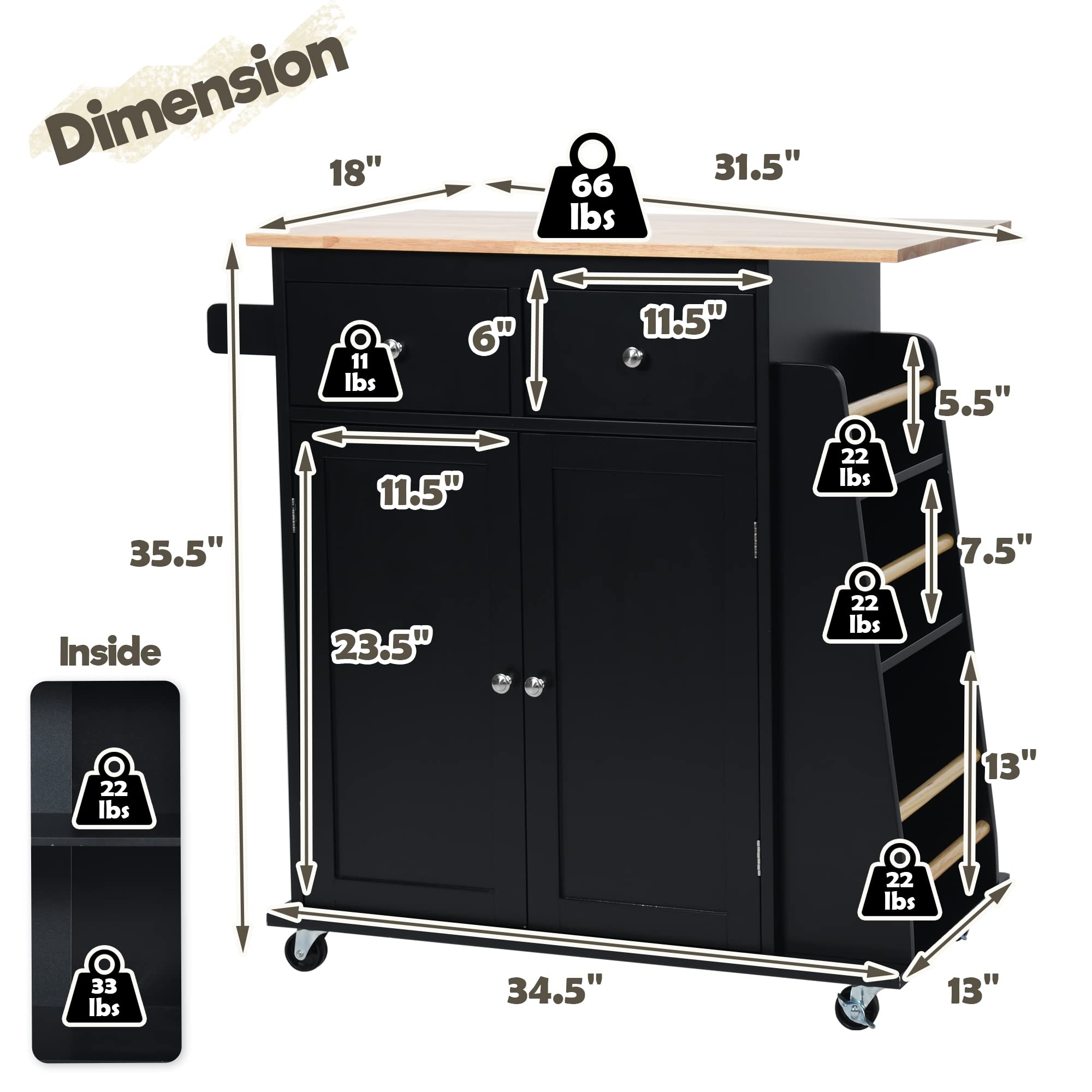 LOKO 3-Tier Rolling Kitchen Island Cart with Spice Rack & Towel Holder - Mobile Microwave Stand with Wheels & Rubber Wood Tabletop - 34.5