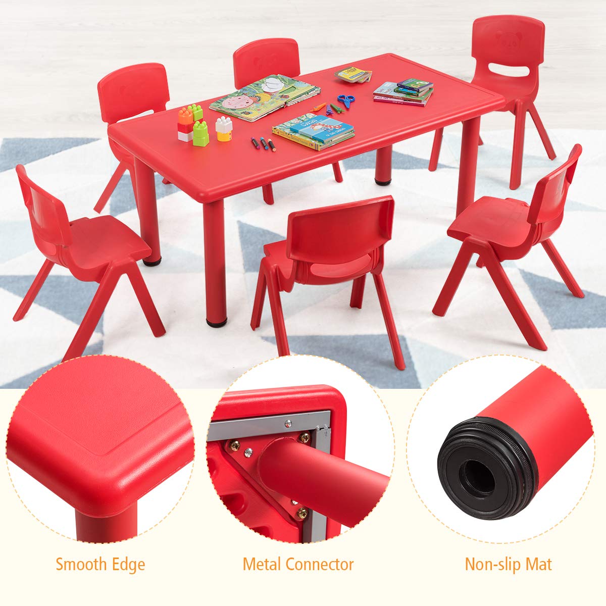 DORTALA Kids Daycare Table and Chairs Set - 6 Pcs Stackable Plastic Chairs with 48