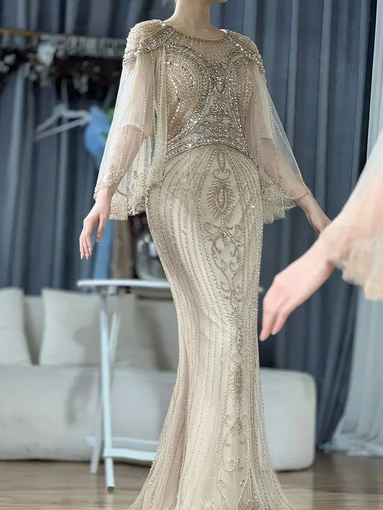 Elegant Dubai Arabic Gold Beaded Mermaid Evening Gown LA72749 for Women - Perfect for Formal Events, Weddings, and Red Carpet Occasions