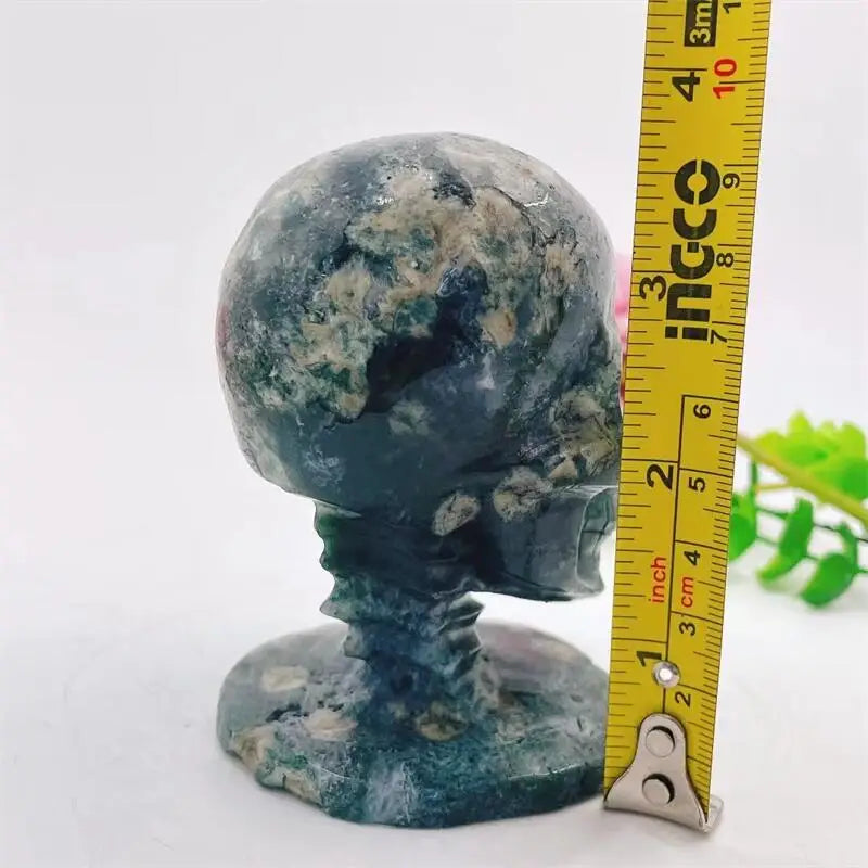 Natural Moss Agate Skull Carving - Handmade Gemstone Wizard Decor for Home, Office & Meditation | Healing Crystal Collection | Unique Spiritual Gift for Men & Women (1 Piece) | Perfect for Yoga Rooms, Altars & Gothic Decor