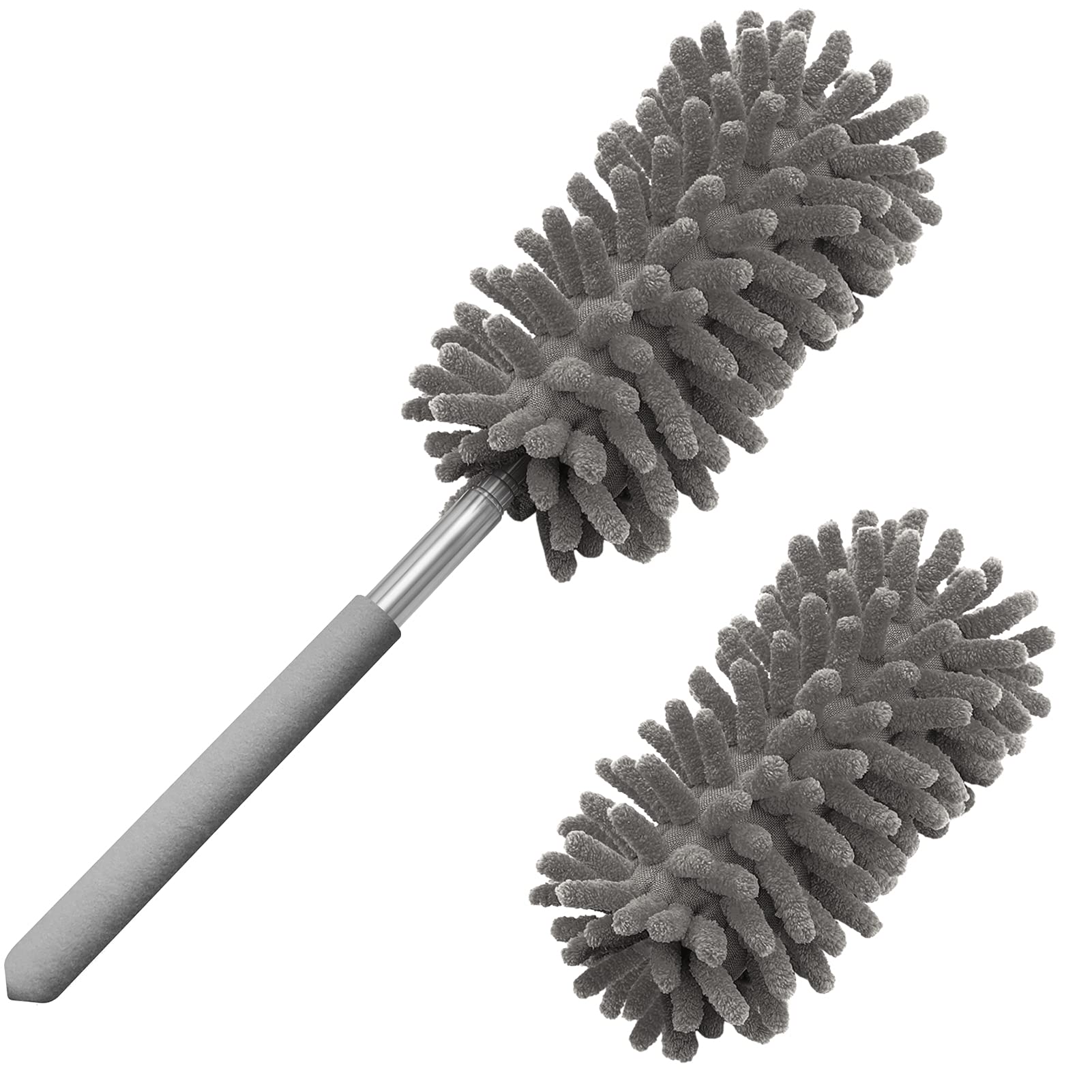 Tukuos Microfiber Duster - Extendable Pole with 2 Washable & Replaceable Heads, Detachable Brush for Dusting Office, Car, Windows, Furniture & Ceiling Fans | Perfect for Home Cleaning & Hard-to-Reach Areas