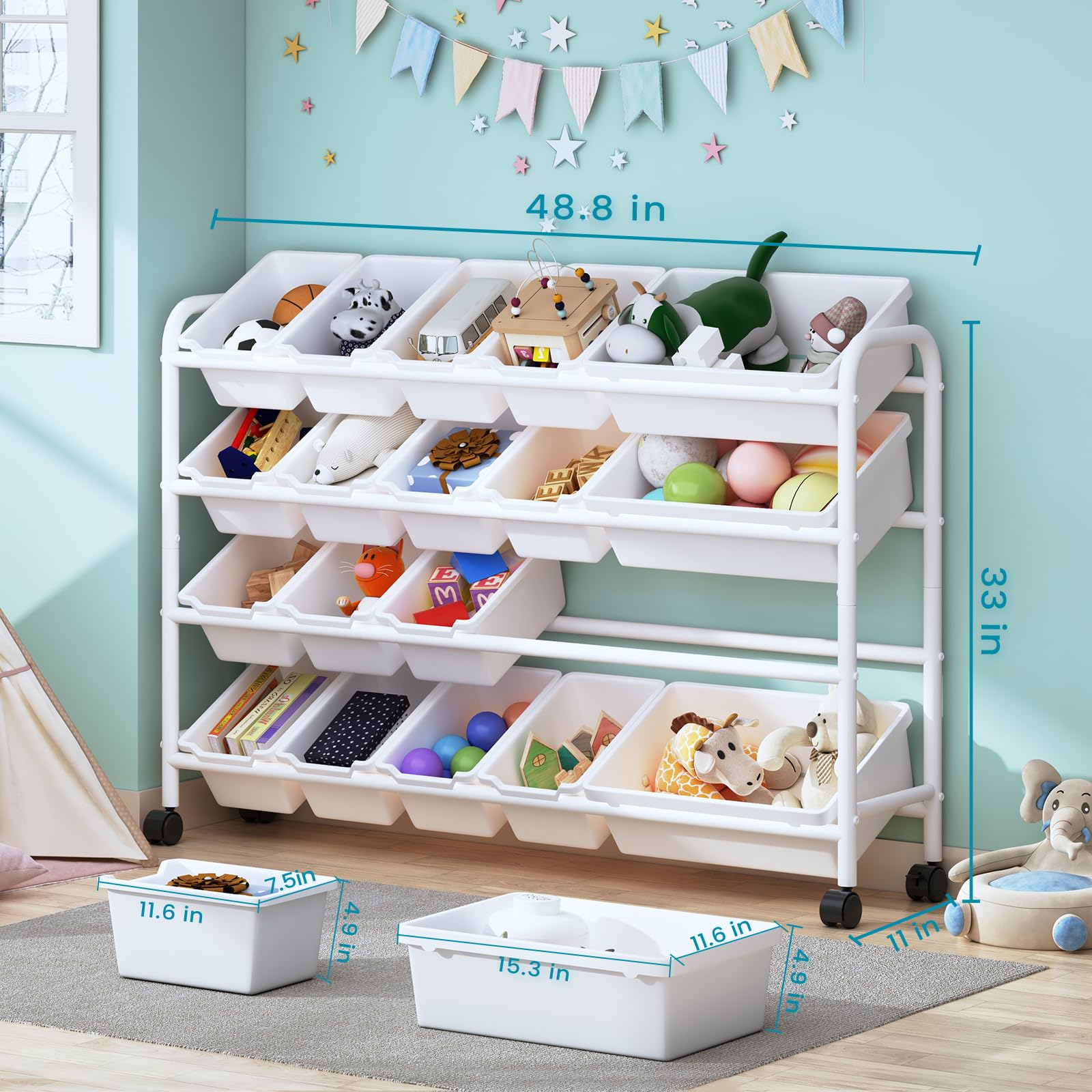 20-Bin Kids Toy Storage Organizer - 4-Tier Metal Toy Shelf with XL Plastic Bins for Playroom, Nursery & Bedroom Organization | Sturdy White Toy Rack for Easy Kids Room Storage (JSSNJ1-1_XM) - Perfect for Organizing Legos, Stuffed Animals & Art Supplies