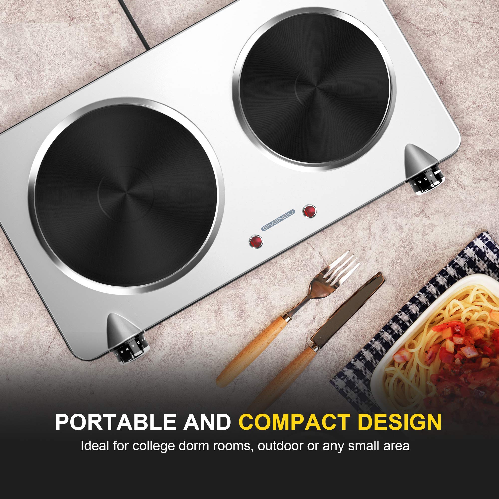 1800W Portable Electric Double Burner Hot Plate - 6-Speed Adjustable Thermostat, Stainless Steel Cooktop for Kitchen, Dorm & Camping | Perfect for Small Space Cooking, RV Trips & Outdoor Adventures