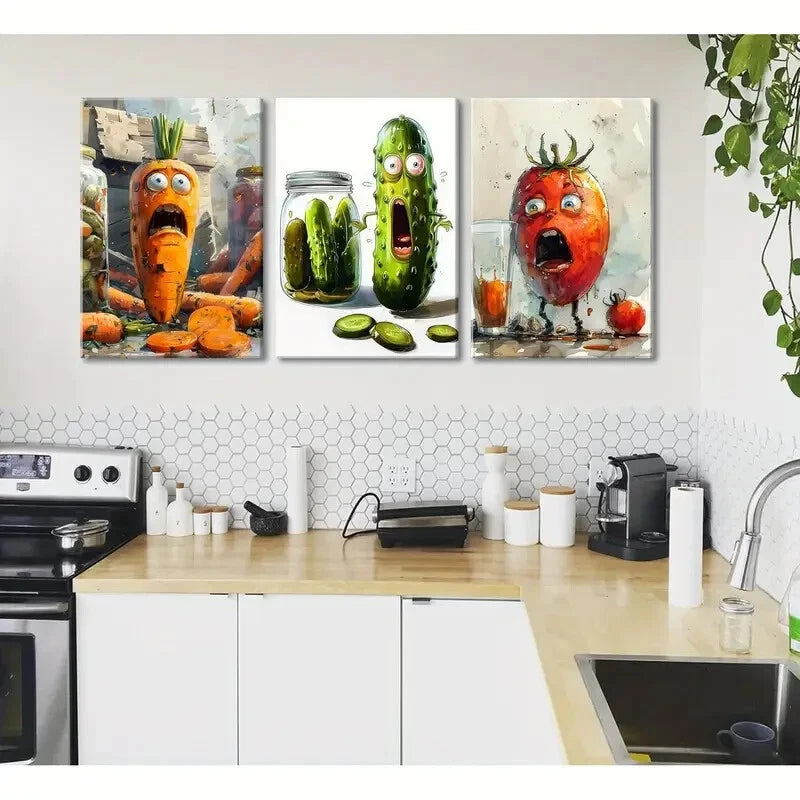 3-Piece Modern Metal Vegetable Food Art Print Set - Ready to Hang Wall Decor for Kitchen, Dining Room & Home Decor