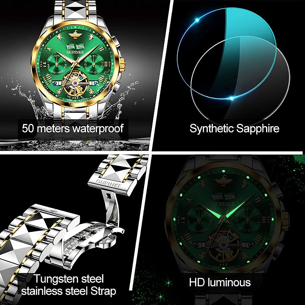 OUPINKE Men's Automatic Skeleton Watch - Self-Winding Mechanical Watch with Sapphire Crystal, 50M Waterproof & Tungsten Steel Case - Perfect for Business, Formal Events & Everyday Wear