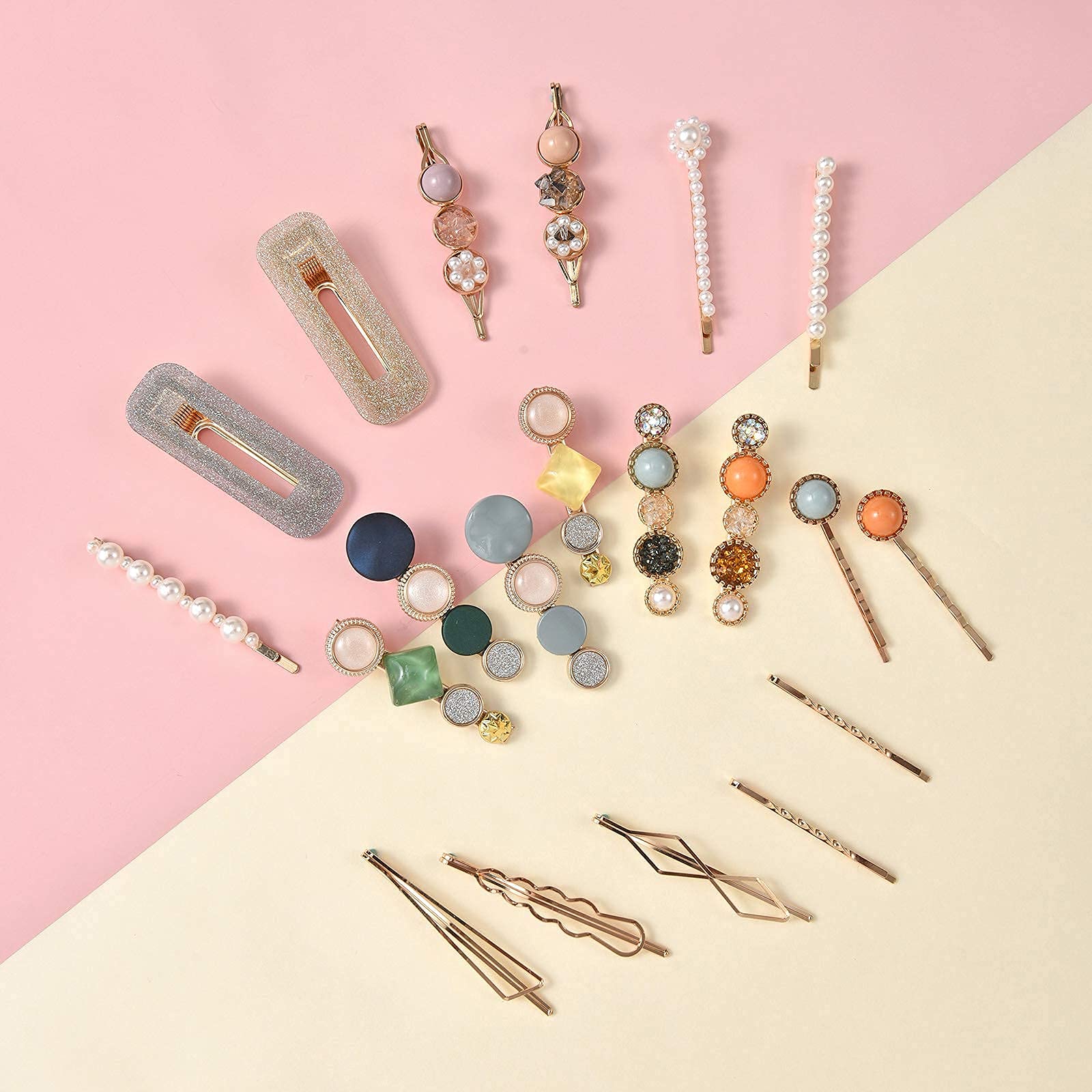 Mehayi 20 PCS Handmade Macaron Pearls & Acrylic Resin Hair Clips - Cute Hair Barrettes, Bobby Pins with Glitter Crystal Geometric Design, Elegant Gold Hair Accessories for Women & Girls (Perfect for Weddings, Parties & Daily Styling)