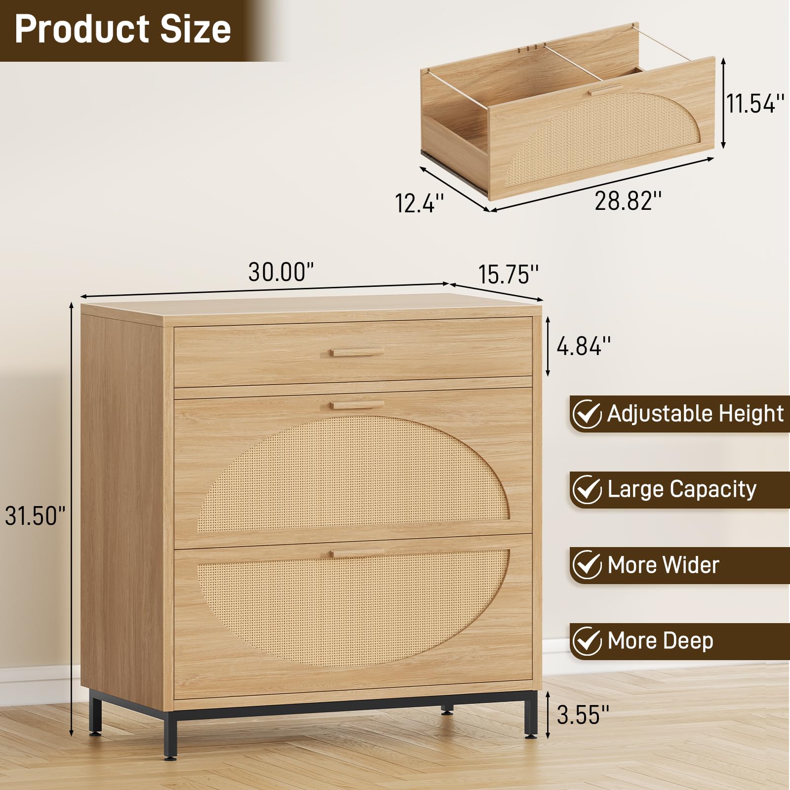 3-Drawer Eco Rattan File Cabinet for Home Office - Letter/Legal/A4 Storage & Printer Stand