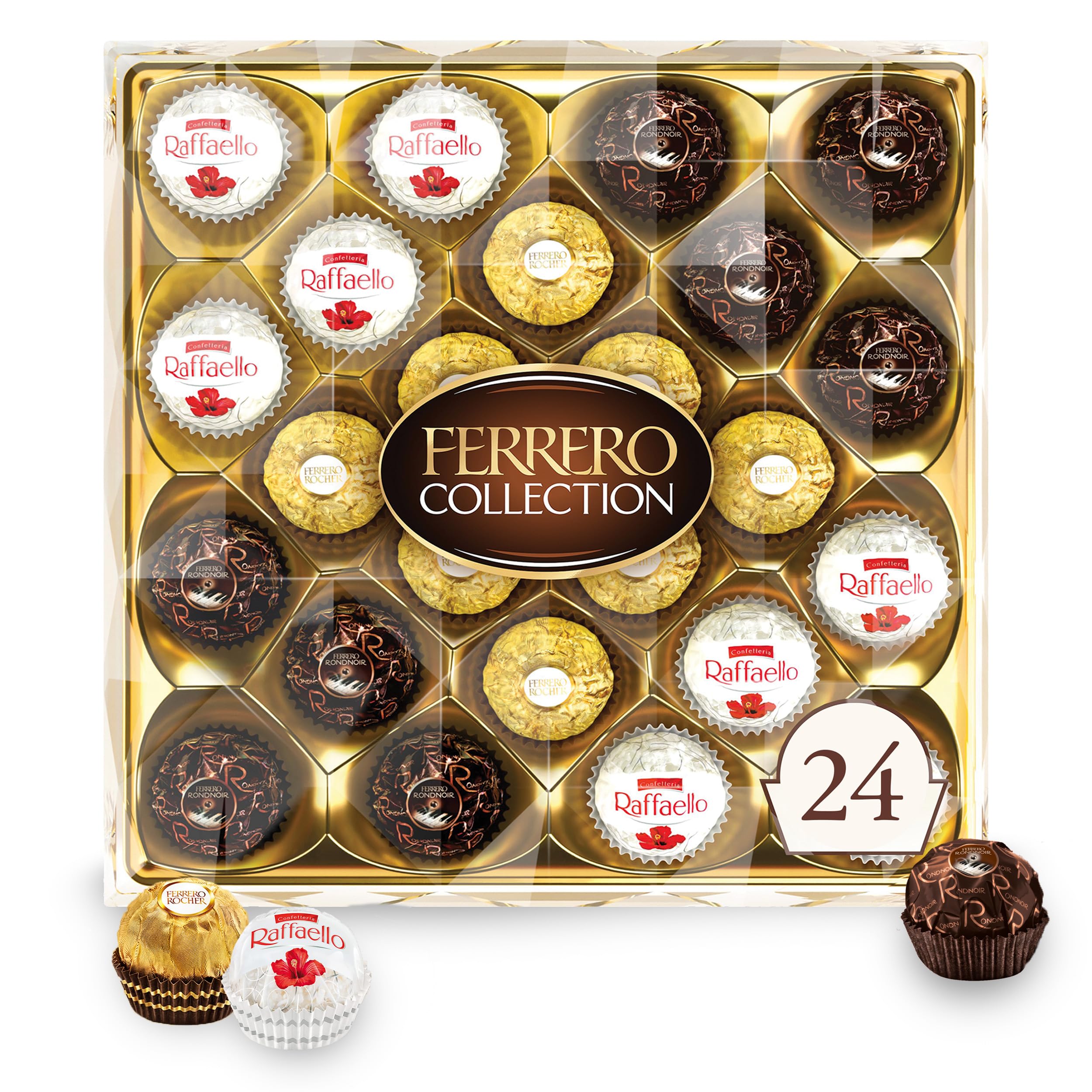 Ferrero Rocher 24 Count Premium Gourmet Chocolate Assortment - Hazelnut Milk Chocolate, Dark Chocolate & Coconut - 9.1 oz Gift Box for Holidays, Birthdays & Corporate Gifting