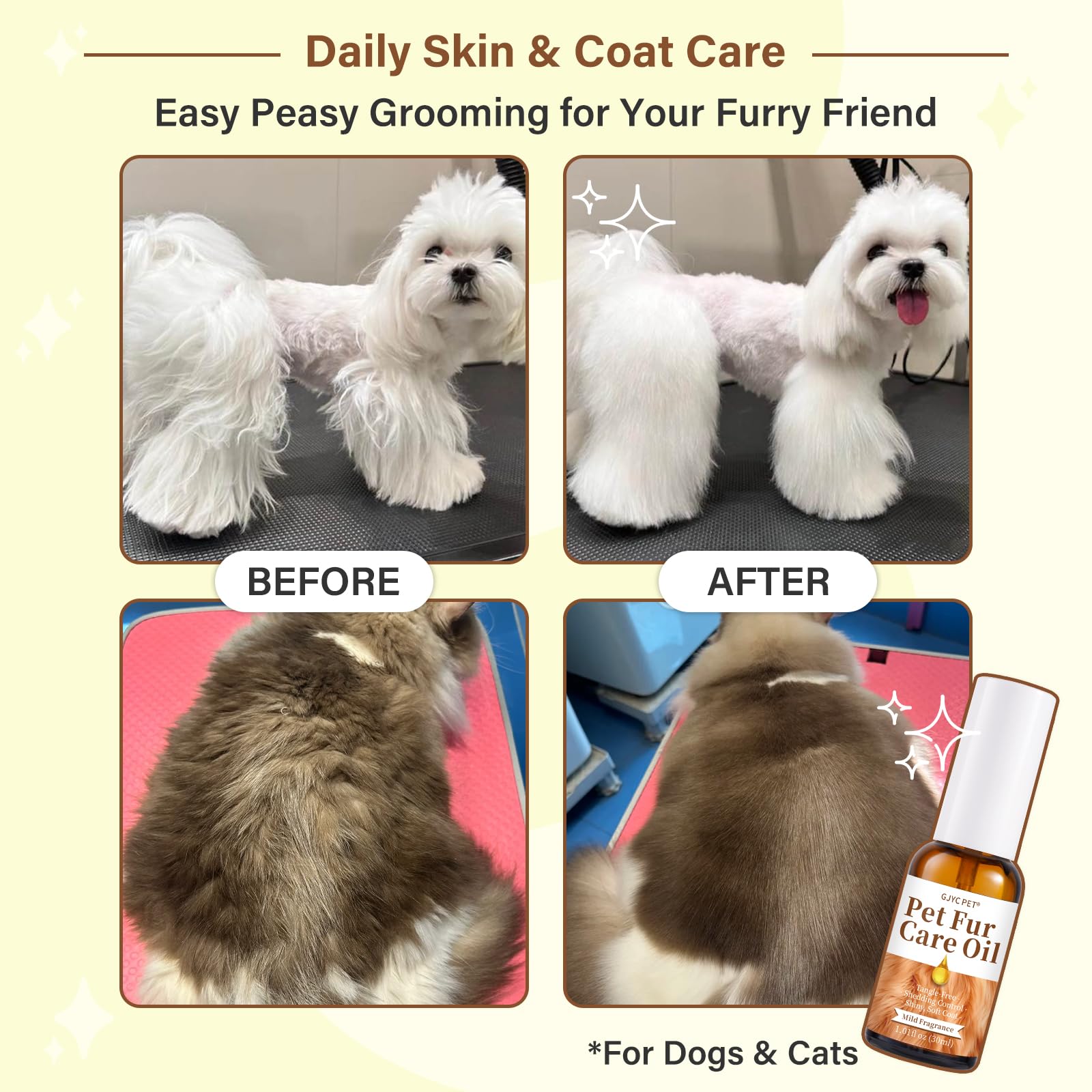 Pet Fur Care Oil - Detangling Spray for Dogs & Cats, Shiny & Silky Coat Treatment with Collagen & Natural Oils | Soothing Skin Protection Leave-in Formula | Perfect for Grooming, Daily Care & Show Preparation - 1.01 fl. oz
