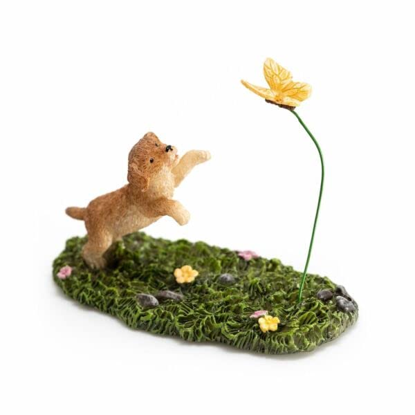 Miniature Dollhouse Fairy Garden Decor - Dog Playing with Butterfly Figurine for Outdoor & Indoor Use - Perfect for Garden, Patio, Deck, Porch, Yard Art and Home Decoration | Great Gift for Fairy Garden Enthusiasts