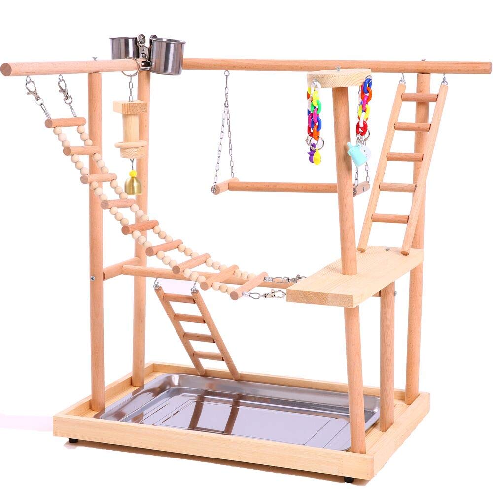 Premium Wooden Parrot Playground with Swing & Chew Toys - Bird Training Play Stand with Ladder & Feeder Cups for Parakeets, Conures, Cockatiels, Lovebirds (18.7