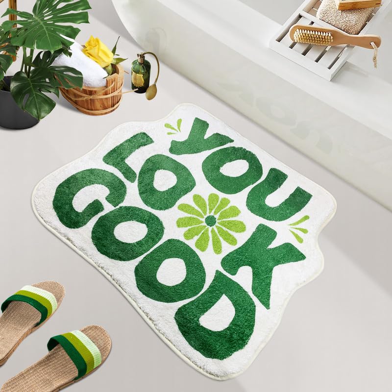 Soft Absorbent Non-Slip Microfiber Bath Mat - Cute Green Flower Design for Bathroom & Shower - 21x25 Inch Washable Rug - Perfect for Preppy Decor, Kids' Bathrooms & Spa-Like Retreats