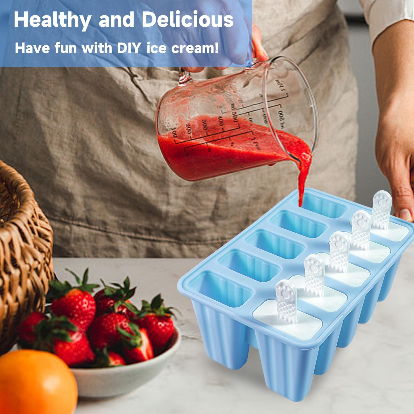 10-Piece BPA-Free Silicone Popsicle Molds with Sticks - Reusable & Easy Release Ice Pop Maker for Homemade Treats - Perfect for Summer Snacks, Kids Parties & Healthy Frozen Desserts (Blue)