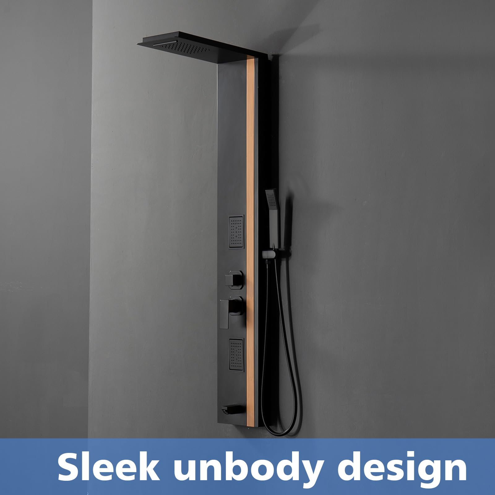 BWE Stainless Steel Shower Tower Panel System - Multi-Function Rainfall Shower Head with Waterfall, Massage Jets & Tub Spout for Luxury Bathroom Upgrade (Black) | Perfect for Spa-Like Experience in Master Bath & Modern Home Renovations