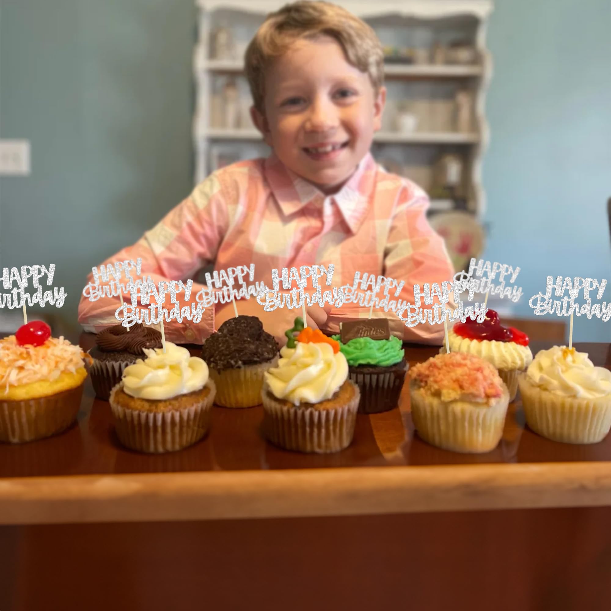 24Pcs Silver Glitter Happy Birthday Cupcake Toppers - Cake Decorations for Birthday Party Supplies | Perfect for Celebrations, Baby Showers & Anniversary Parties