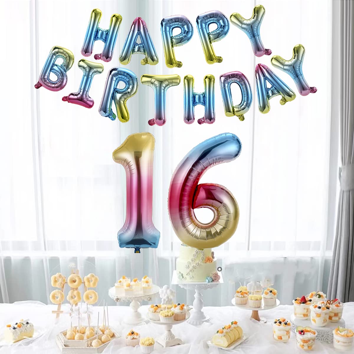 Birbirth 40 Inch Happy Birthday Number 16 Banner Balloons - Rainbow Gradient Foil Balloon Letters for Girls & Boys 16th Birthday Party Decorations - Perfect for Birthday Backdrops, Photo Booths & Celebration Decor