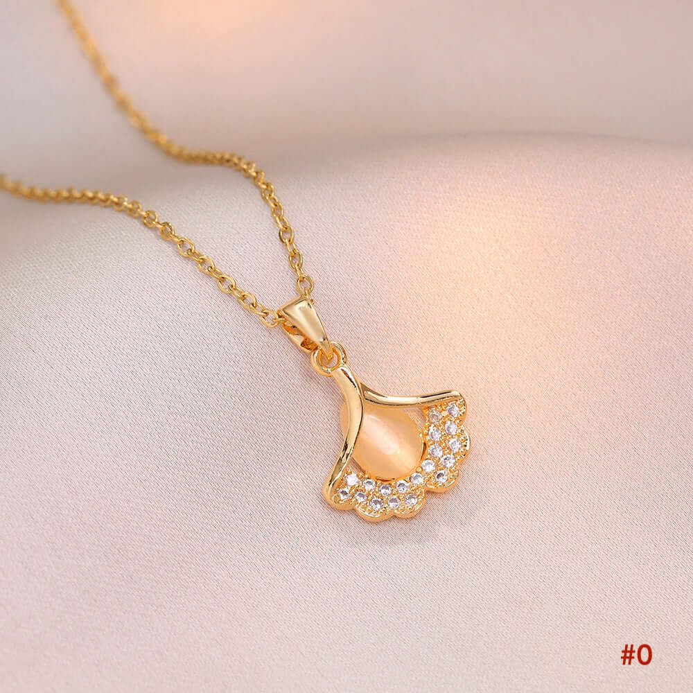 Elegant Titanium Minimalist Cat's Eye Stone Ginkgo Leaf Pendant Necklace for Women | A8241 | Perfect for Daily Wear, Office, Parties & Special Occasions