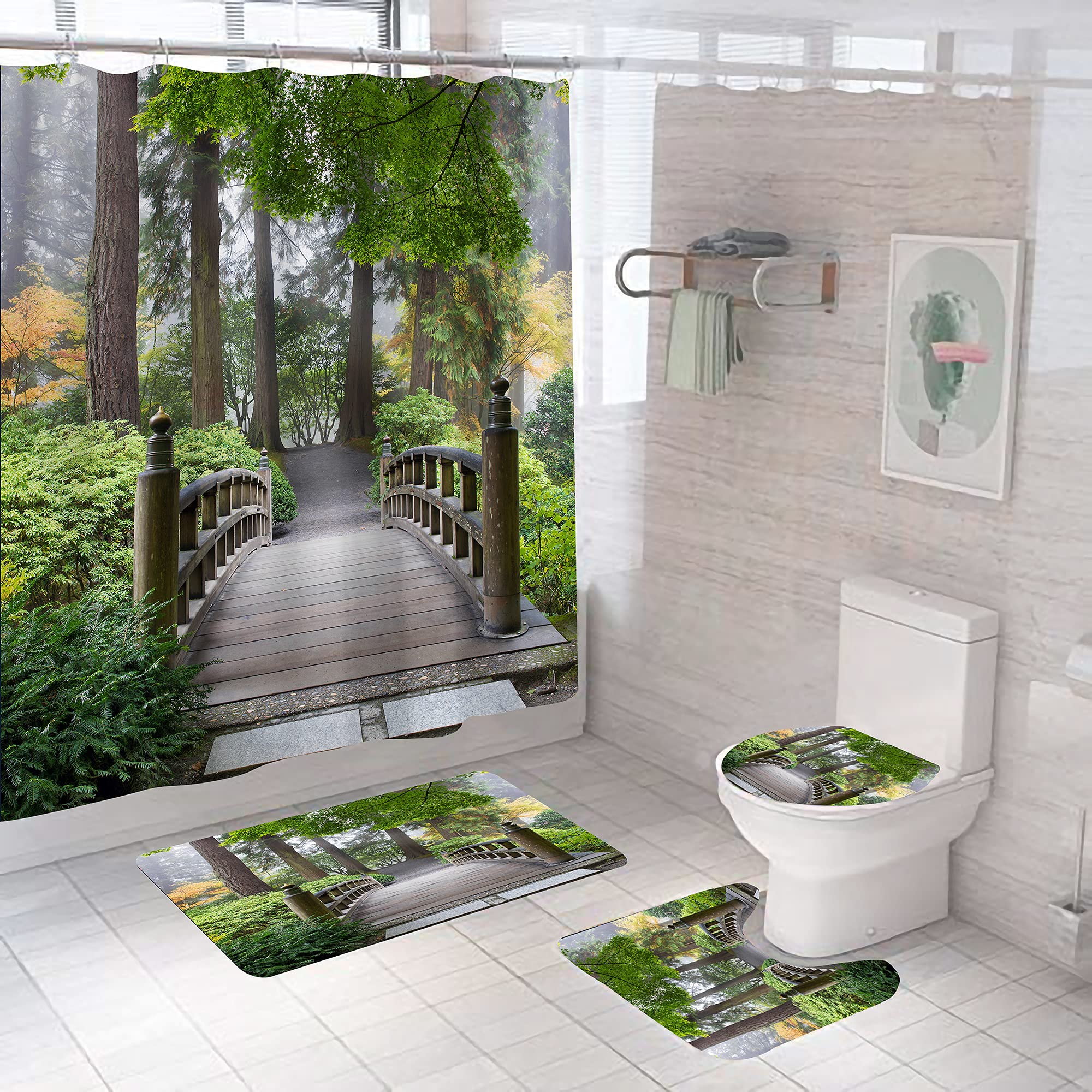 Waterproof Forest Wooden Bridge Shower Curtain Set - Bathroom Decor with Non-Slip Rugs, Toilet Cover & Bath Mat (12 Hooks Included) | Nature Inspired Scenery for Relaxing Shower Experience