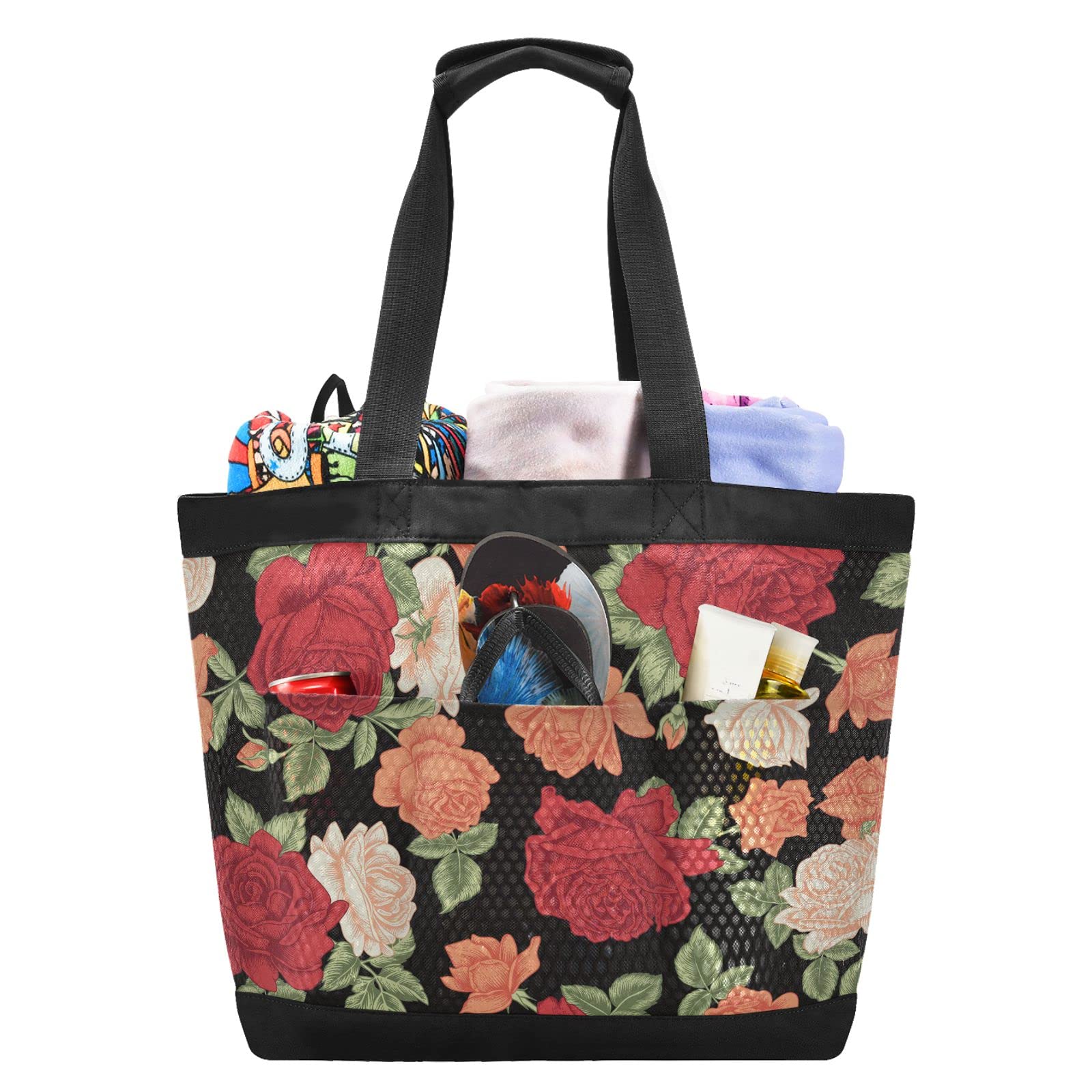 Vintage Roses Beach Bag - Waterproof Large Mesh Tote for Travel, Pool, Gym & Yoga | White Colorful Design | Perfect for Summer Vacation, Swimming, Workout & Outdoor Activities