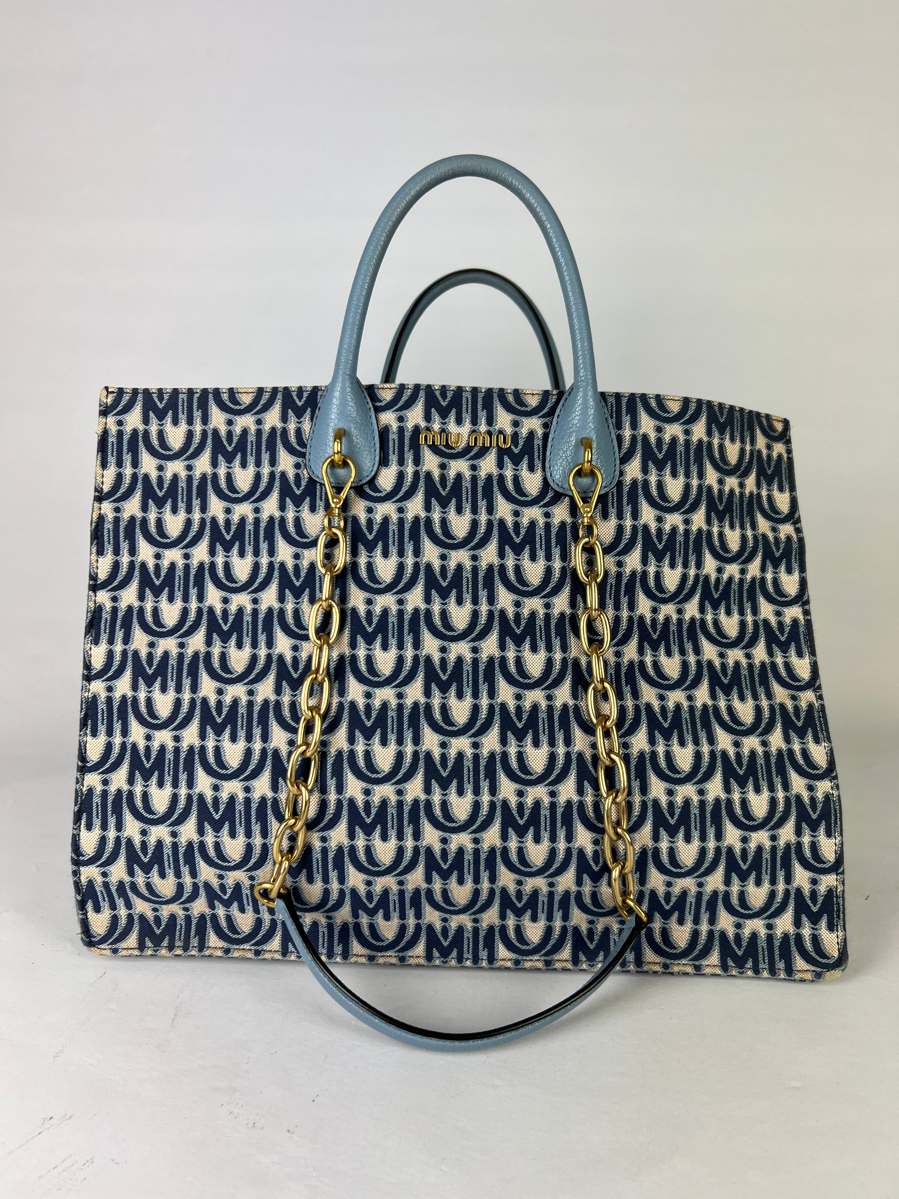 Miu Miu Blue Canvas Tote Bag - Stylish & Spacious Designer Handbag for Women | Perfect for Work, Travel & Everyday Use