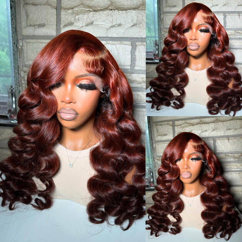 Eullair Ombre Light Copper Red Brown Pre-Colored Human Hair Wig - Glueless Lace Frontal Wig with Loose Deep Wave (EW002) for Cosplay, Daily Wear & Special Occasions