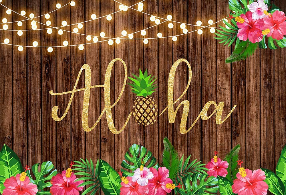 7x5ft Aloha Party Backdrop - Tropical Wood Leaves & Flower Hawaiian Luau Decor for Kids Birthday, Baby Shower & Photo Booth - Perfect for Hawaiian Themed Parties, Luau Events & Tropical Celebrations