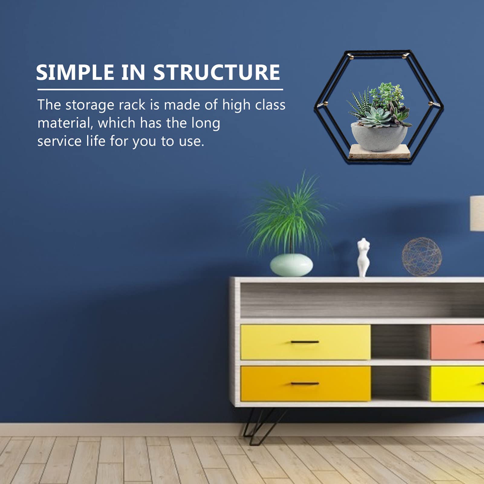Hexagon Floating Shelf - Metal Frame Wall Mount Display Shelf for Storage & Organization | Rustic Geometric Shelf for Books, Plants, Sundries | Perfect for Living Room, Bedroom, Bathroom Decor